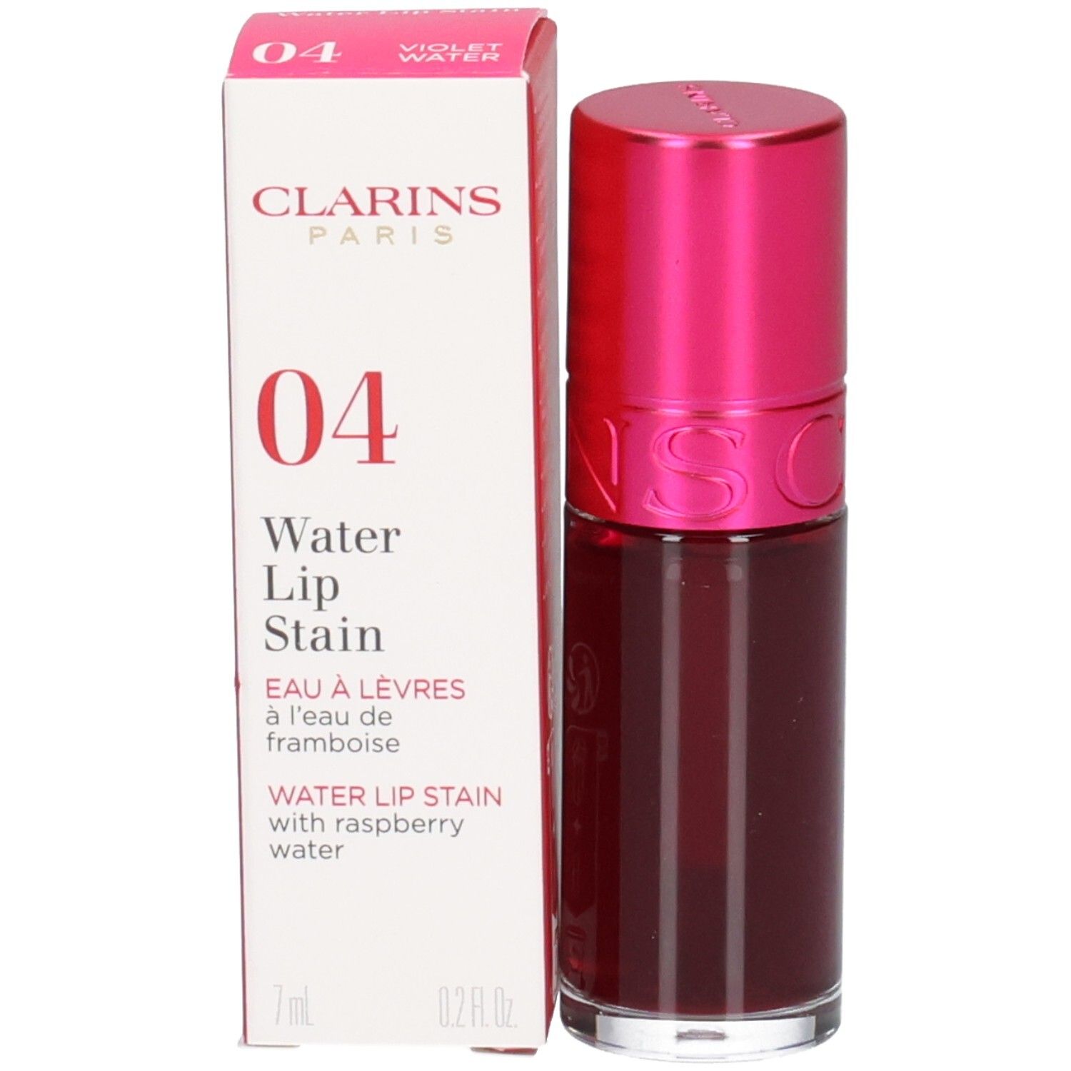 Clarins Eau à Lèvres 04, Teinte pour lèvres à l'eau de framboise, 7ml. Flacon avec bouchon rose à côté de sa boîte.