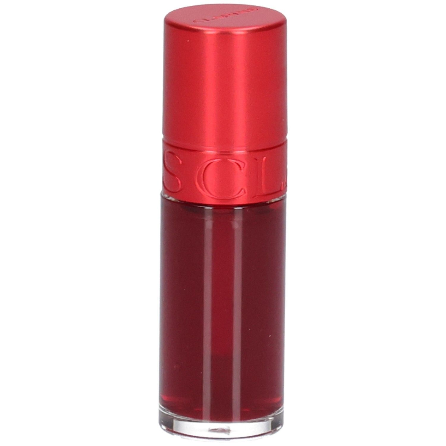 Clarins Eau à Lèvres 09 : Flacon de rouge à lèvres rouge avec capuchon rouge.
