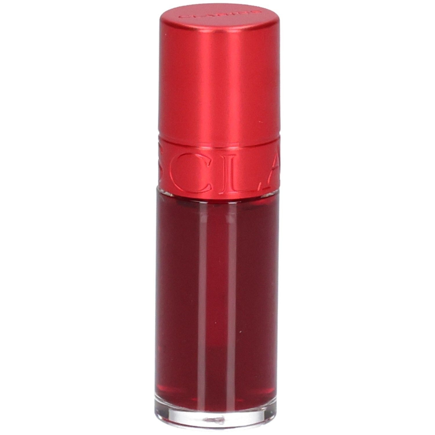 Clarins Eau à Lèvres 09 : Flacon de rouge à lèvres rouge avec capuchon rouge.