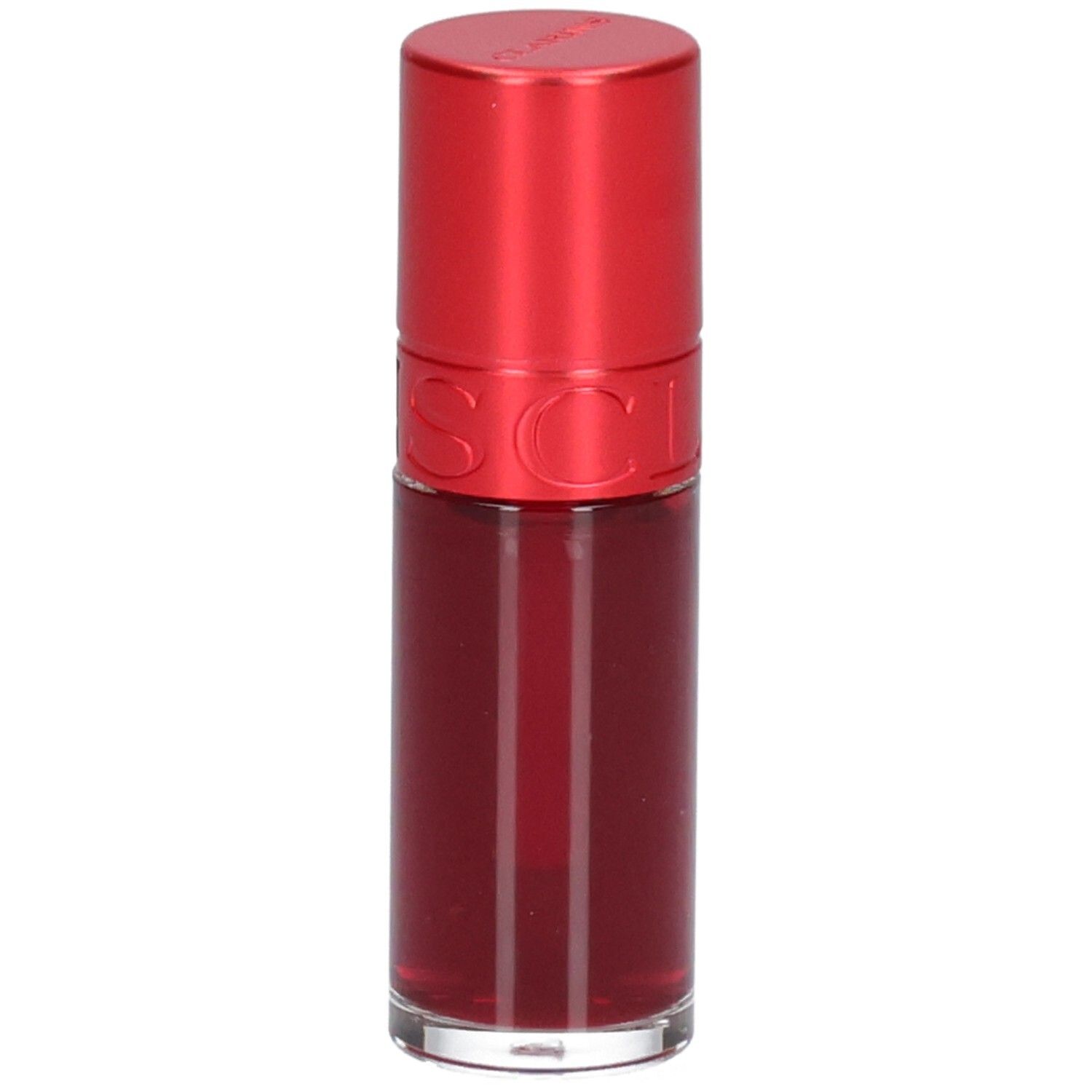 Clarins Eau à Lèvres 09 : Flacon de rouge à lèvres rouge avec capuchon rouge.