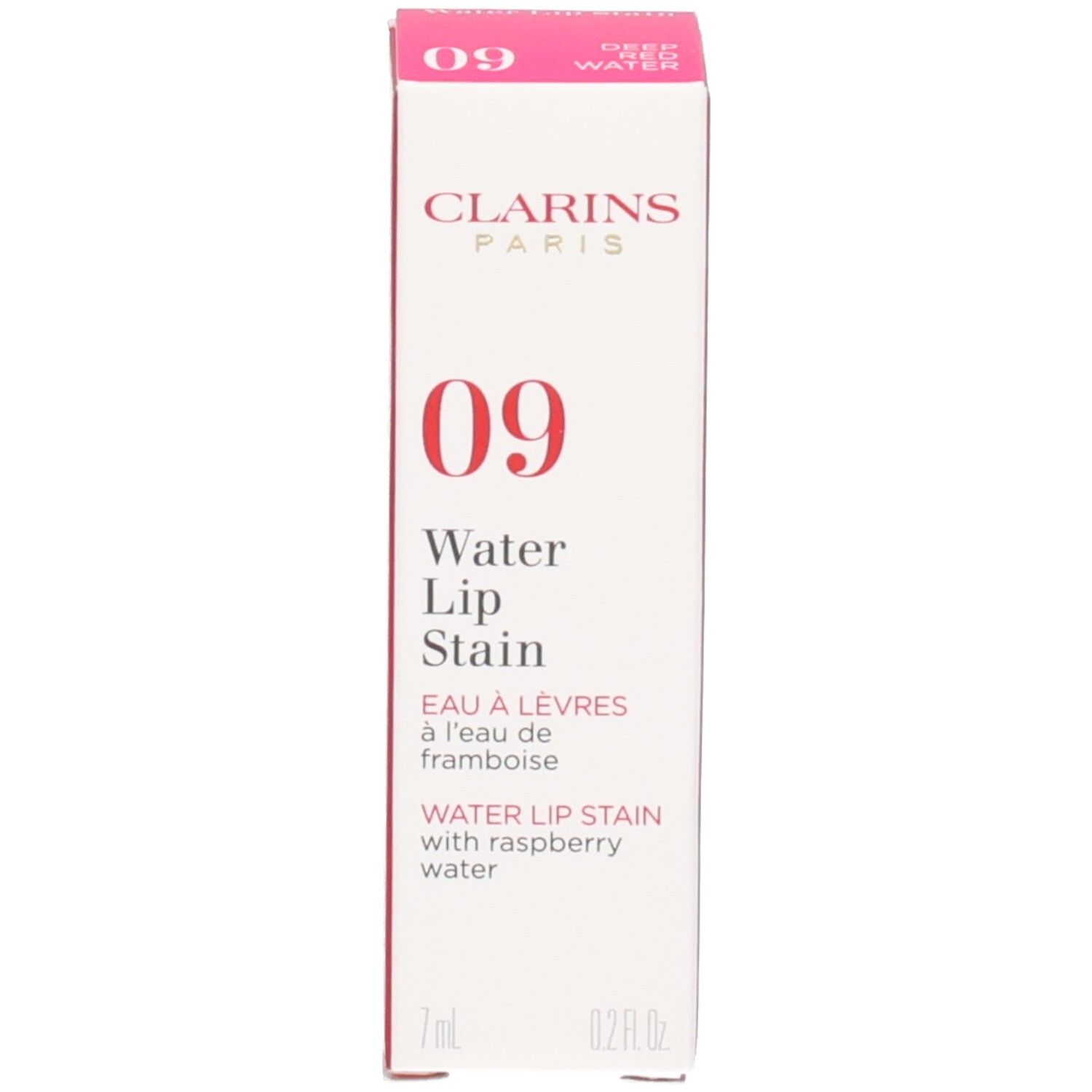 Clarins Eau à Lèvres 09 : Flacon de rouge à lèvres rouge avec capuchon rouge et emballage.