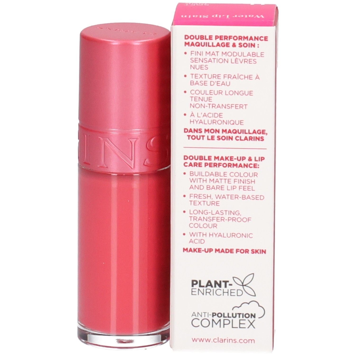 Clarins Eau à Lèvres 11, rouge à lèvres rose, côté de l'emballage avec caractéristiques du produit.