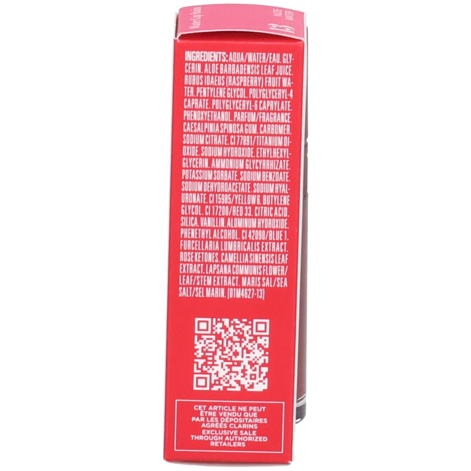 Clarins Eau à Lèvres 13, Arrière de l'emballage avec ingrédients et code QR.