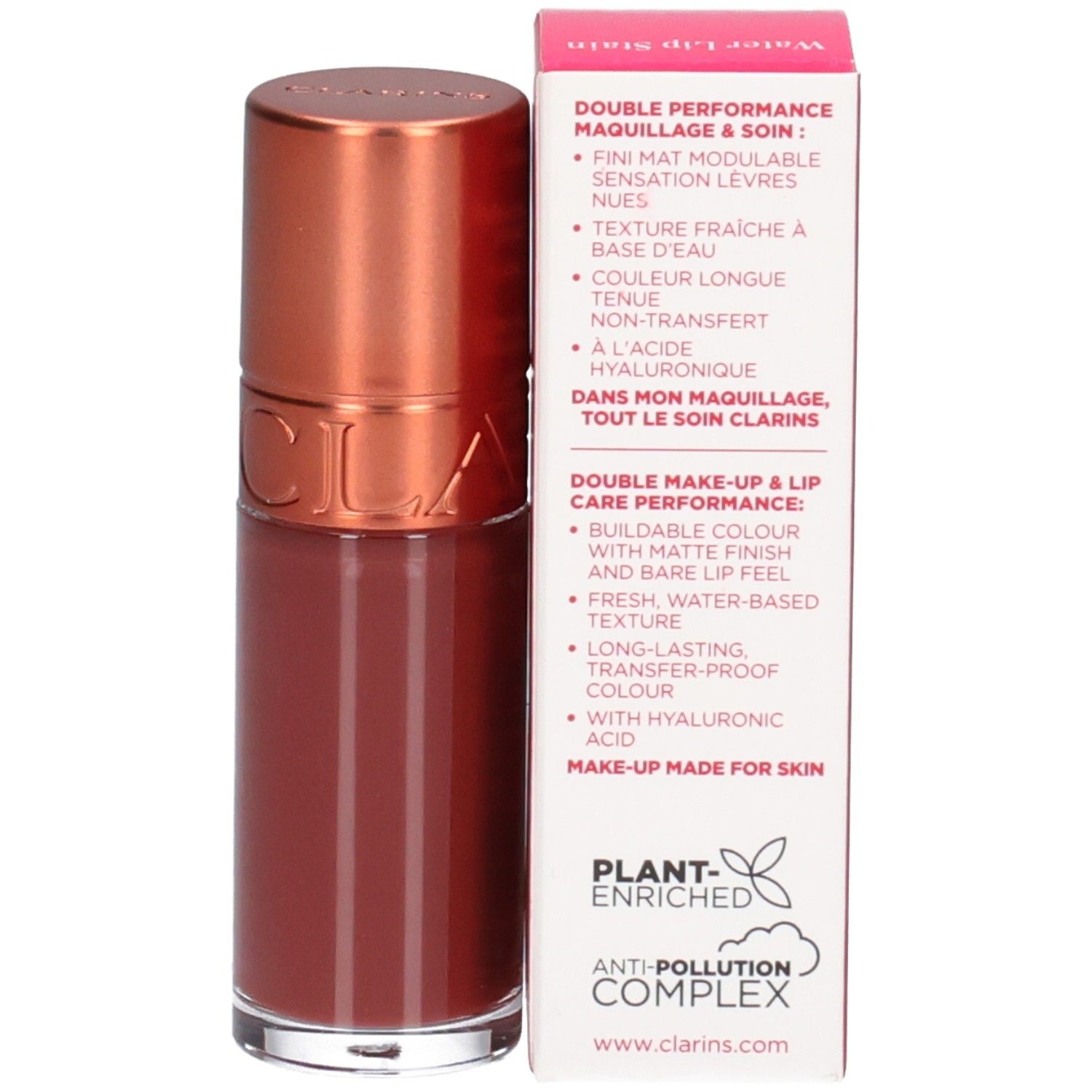 Clarins Eau à Lèvres 13, Rouge à lèvres et emballage. Fini mat, base d'eau, sans transfert.