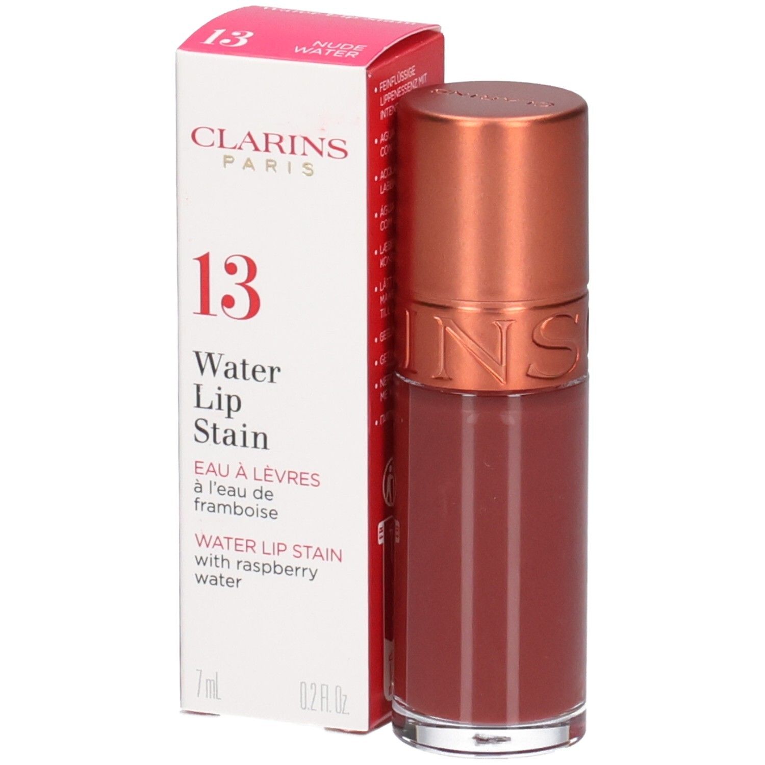 Clarins Eau à Lèvres 13, Teinte Eau de Framboise, avec de l'eau de framboise.