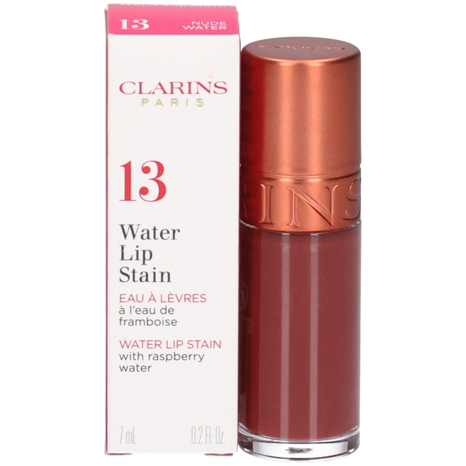 Clarins Eau à Lèvres 13, Teinte Eau de Framboise, avec de l'eau de framboise.