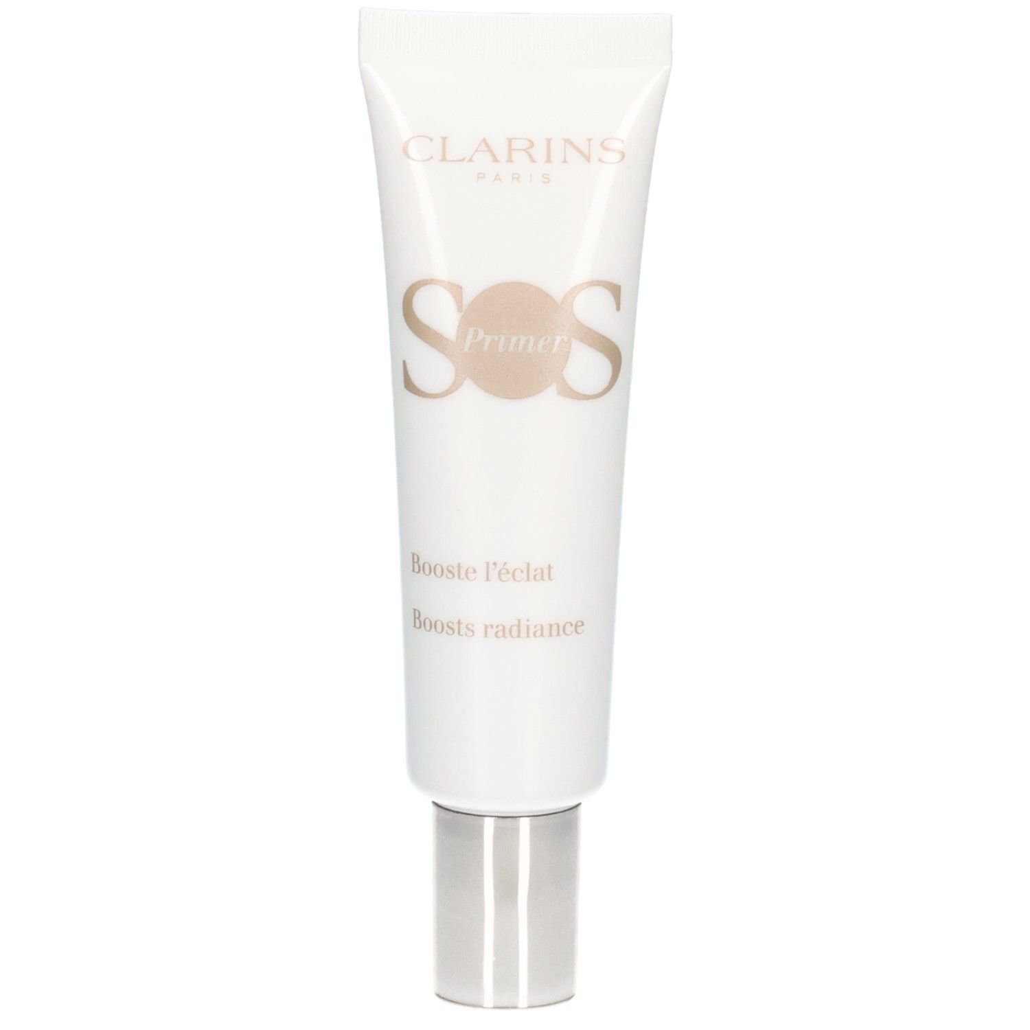 Tube Clarins SOS Primer blanc avec bouchon argenté. Affiche la marque et le nom du produit.