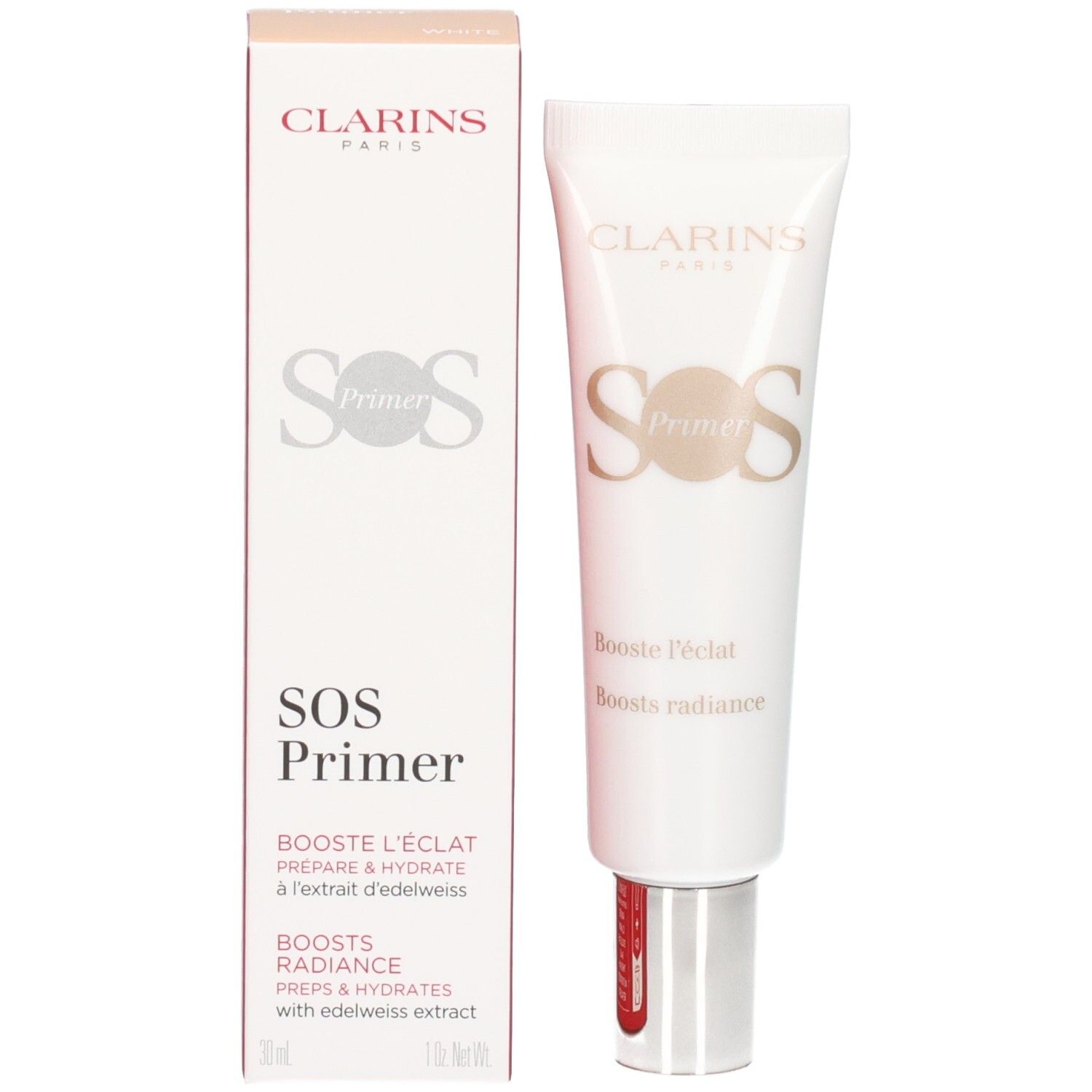 Tube et boîte Clarins SOS Primer. Les deux affichent la marque et le nom du produit.