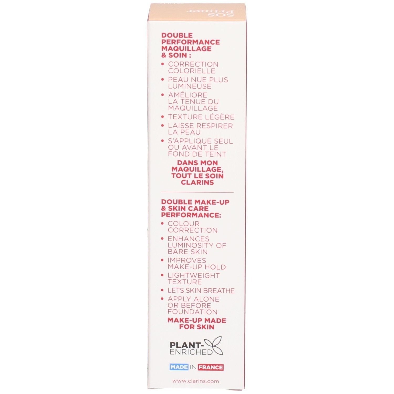 Côté de la boîte Clarins SOS Primer avec les avantages du produit et l'indication d'origine.