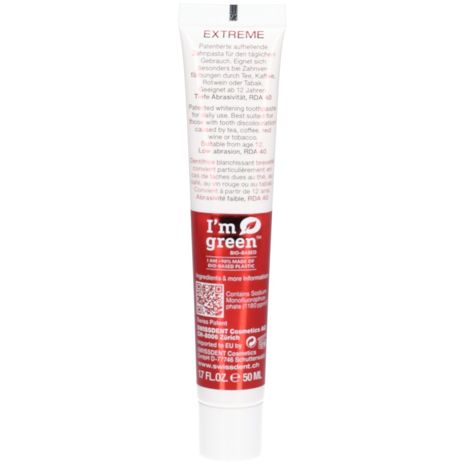 Dos du tube de dentifrice. Texte multilingue. Logo: I'm green. Code QR. Volume: 50 ml.