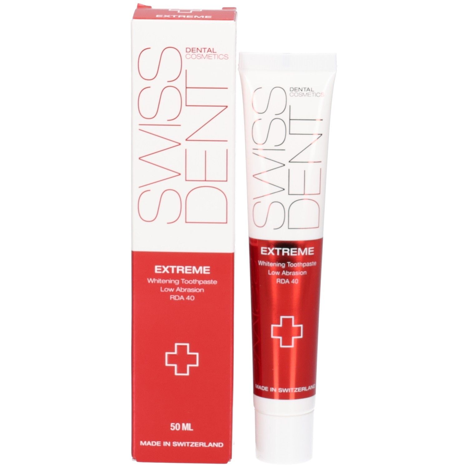 Tube de dentifrice et boîte. Inscriptions: SWISSDENT, EXTREME, Whitening Toothpaste, RDA 40. 50 ml. Design rouge.