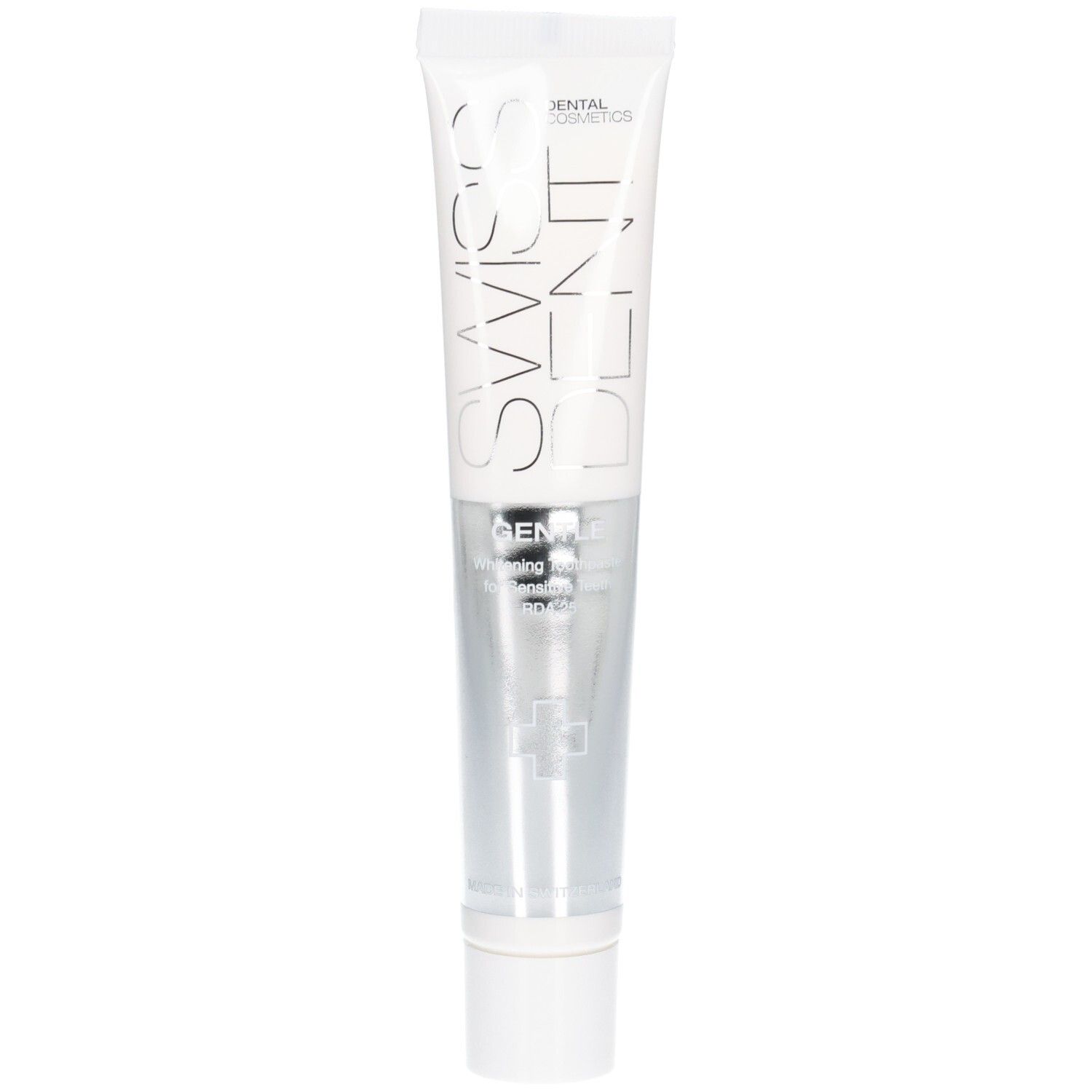 Tube de dentifrice avec bouchon blanc. Inscription: SWISSDENT, GENTLE. Partie centrale argentée avec croix. Dental Cosmetics.