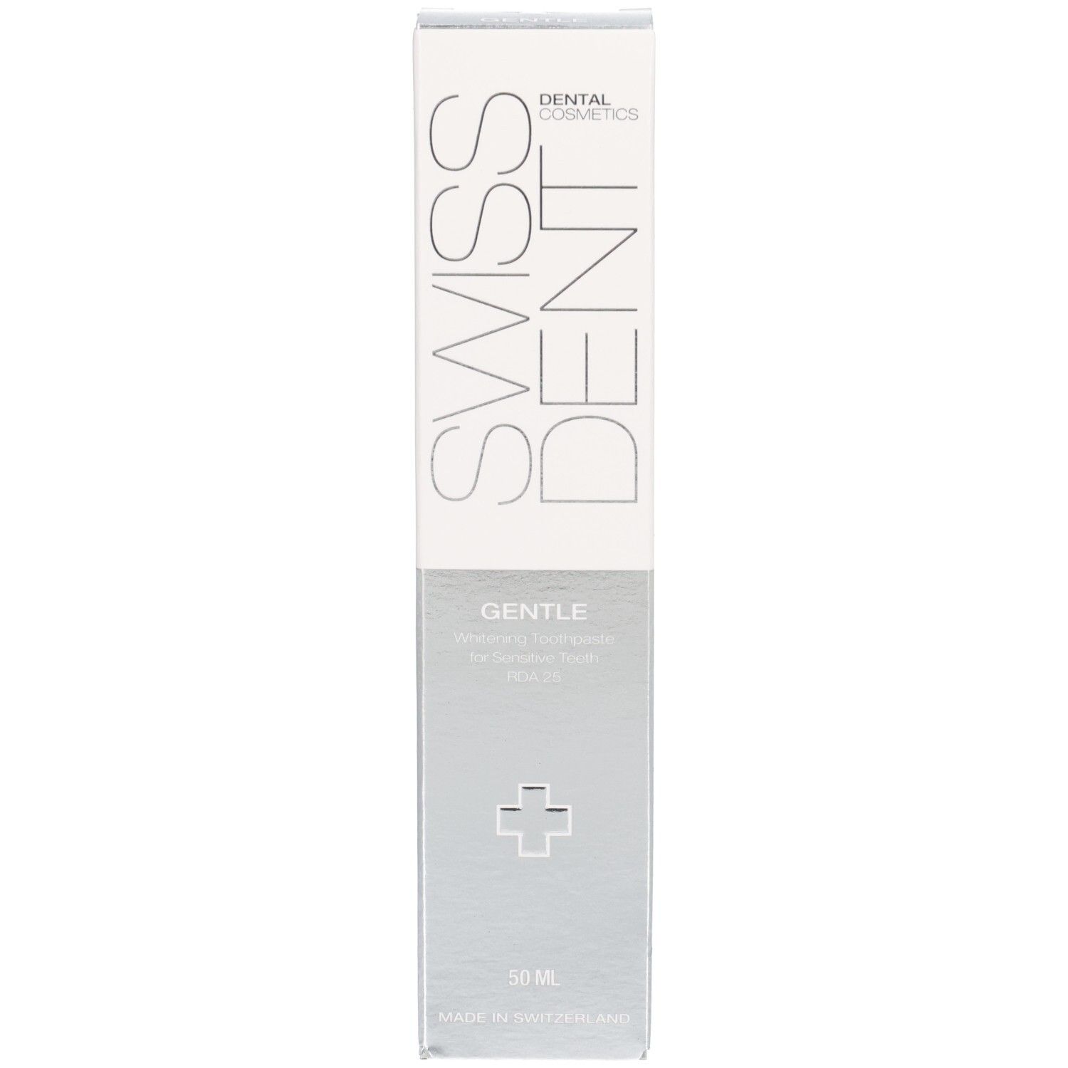 Emballage de dentifrice. Inscription: SWISSDENT, GENTLE. Design argenté. Symbole de croix. 50 ml.