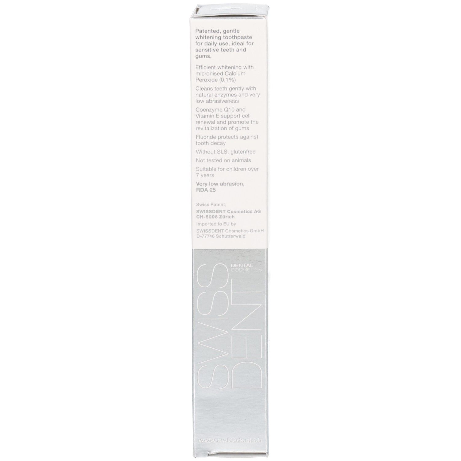 Emballage, dos. Texte en plusieurs langues. Inscription: SWISSDENT. Contient des informations sur le produit.
