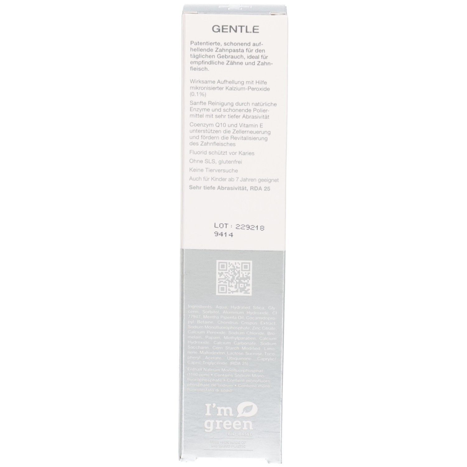 Emballage, dos. Texte en plusieurs langues. Inscription: GENTLE. I'm green. Contient des informations sur le produit.