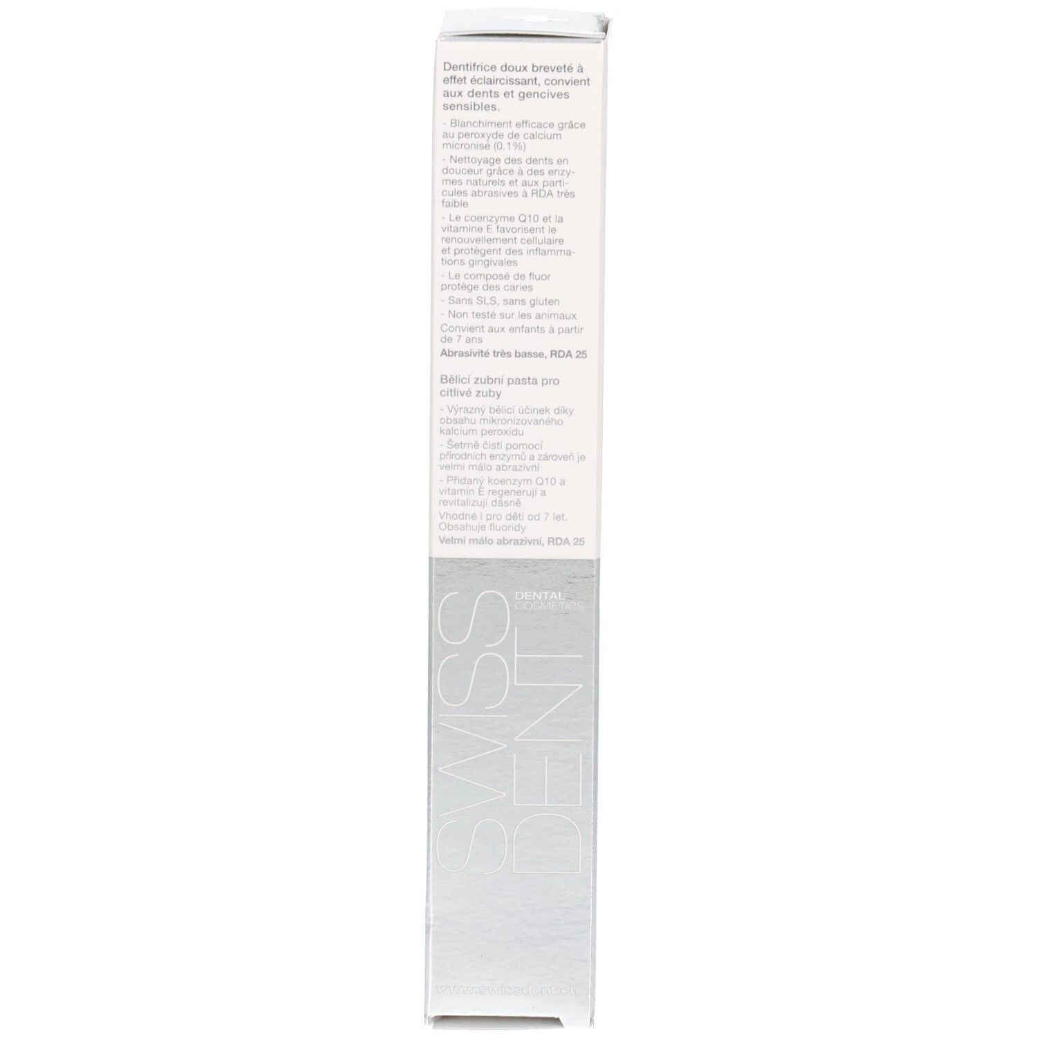 Emballage, dos. Texte en plusieurs langues. Inscription: SWISSDENT. Contient des informations sur le produit.