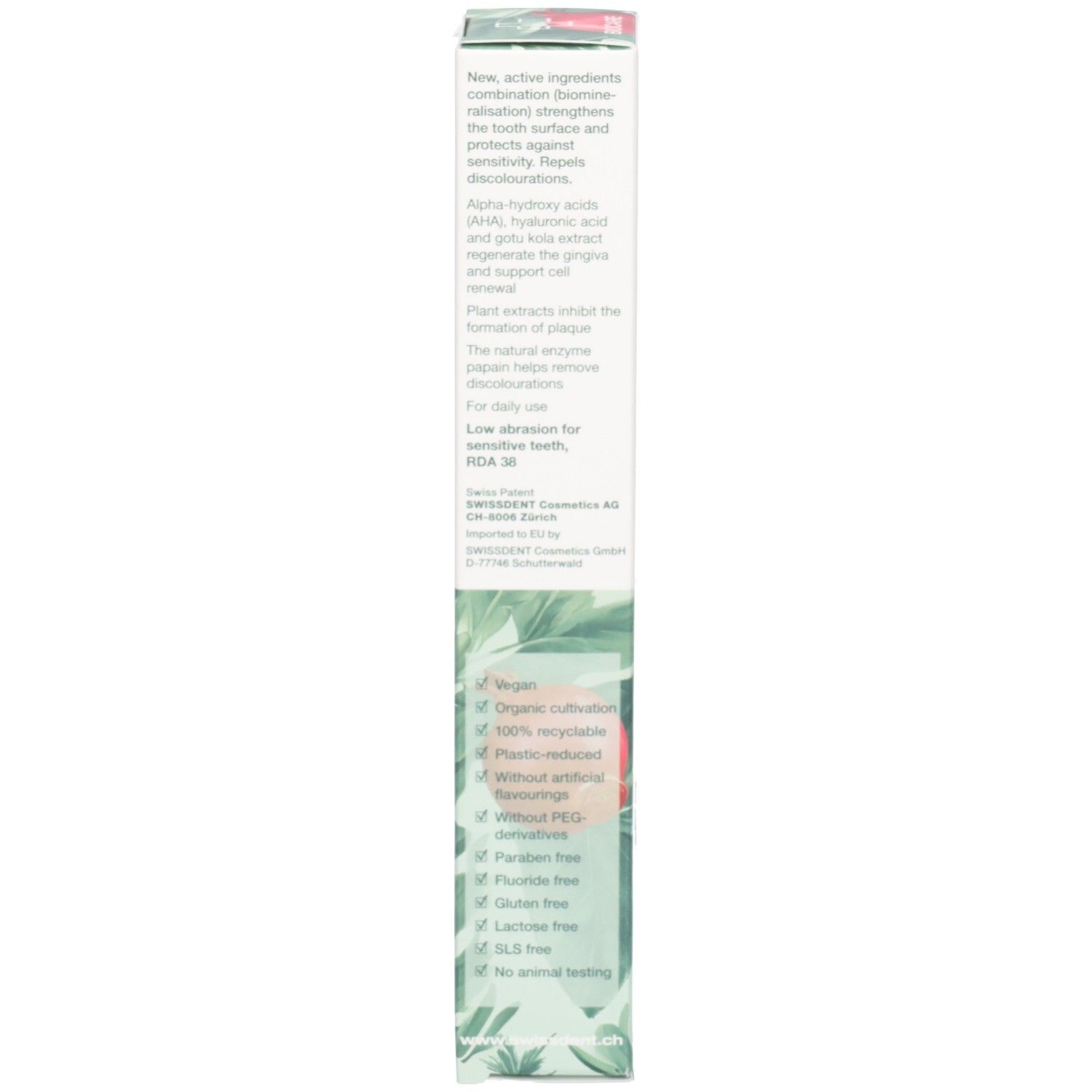 Dos de la boîte de dentifrice. Informations textuelles, ingrédients et certifications. Design vert et blanc.