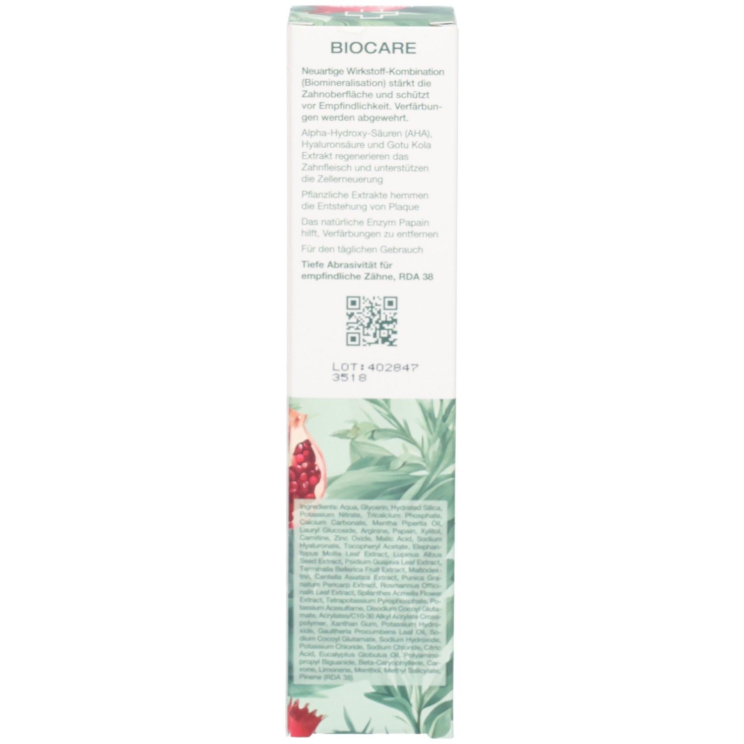 Dos de la boîte de dentifrice. Informations textuelles, ingrédients et certifications. Design vert et blanc.