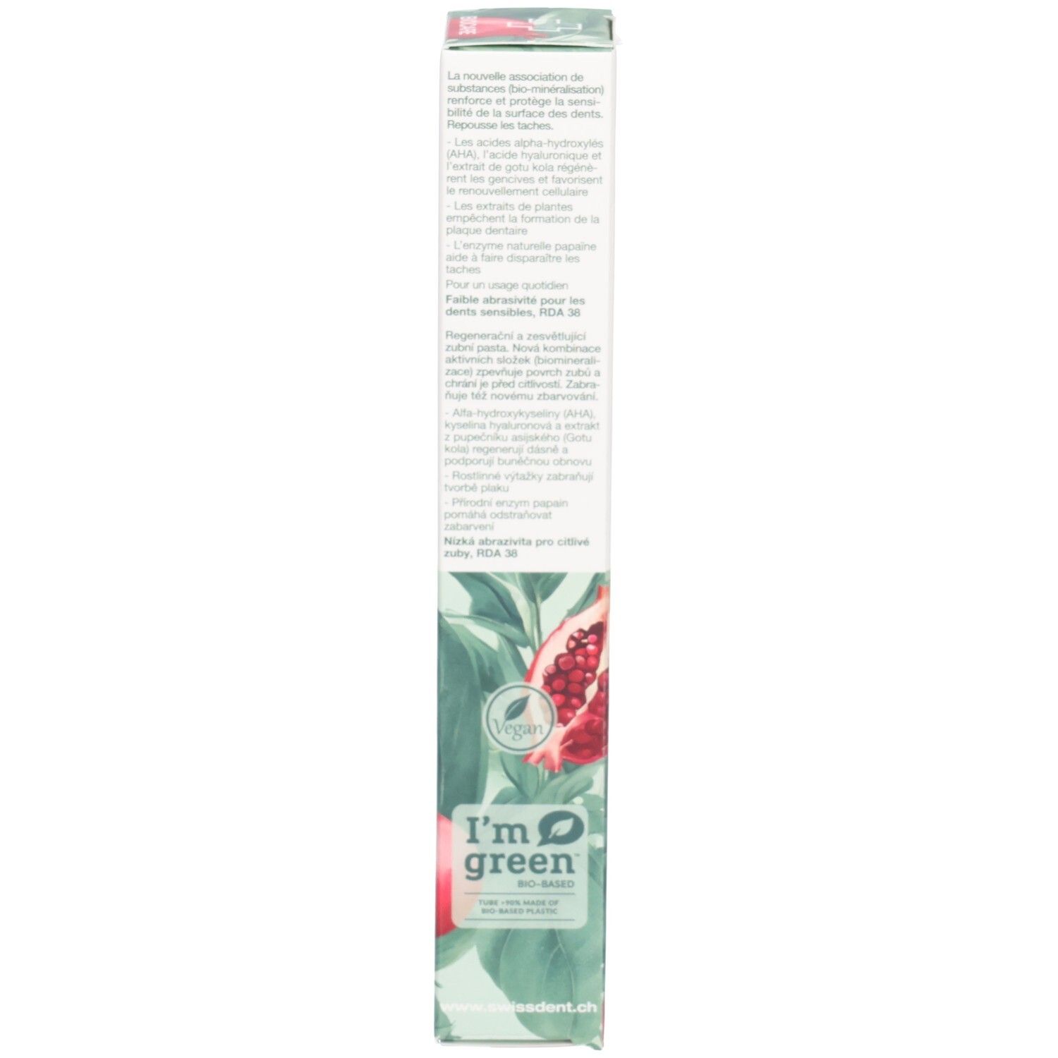 Dos de la boîte de dentifrice. Informations textuelles, ingrédients et certifications. Design vert et blanc.