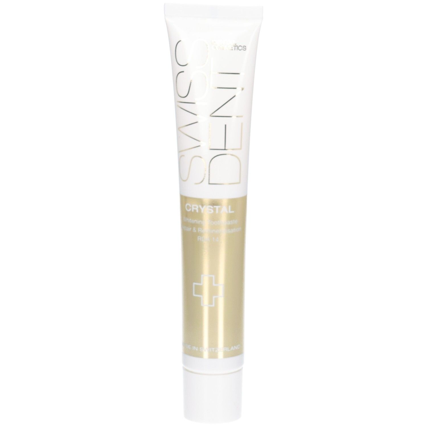 Tube de dentifrice avec bouchon blanc. Inscription SWISSDENT CRYSTAL. Section dorée avec croix blanche. Orientation verticale.