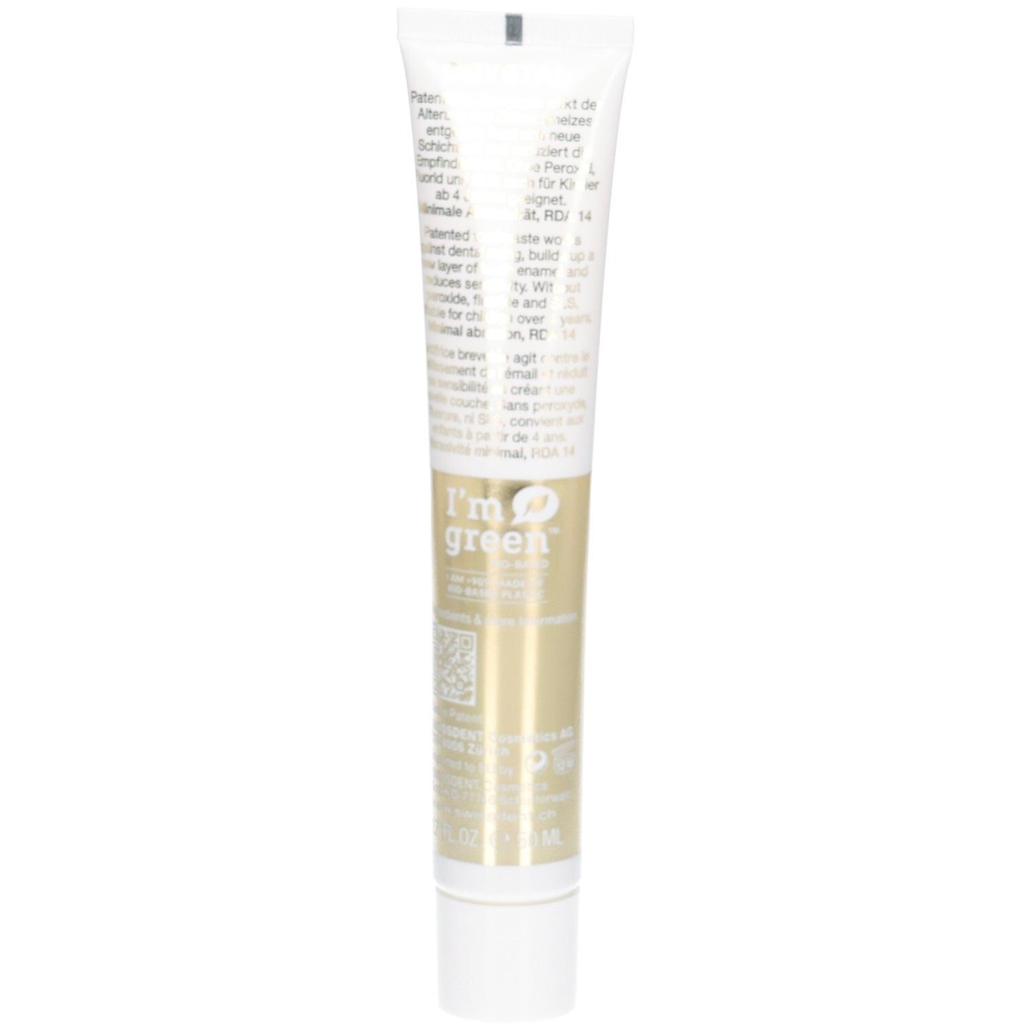 Dos du tube de dentifrice. Texte multilingue. Logo 'I'm green'. Bouchon blanc et section dorée.