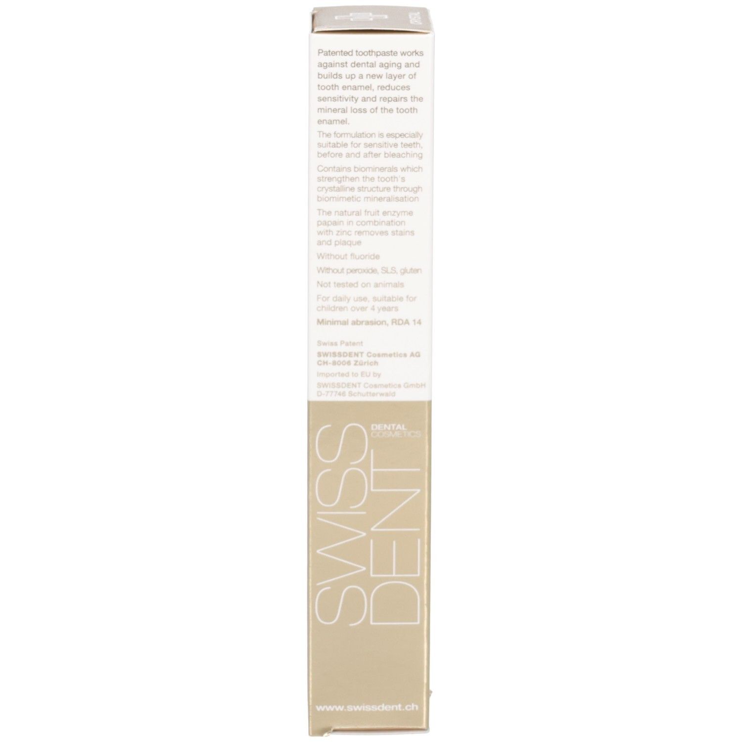 Dos de la boîte de dentifrice. Texte multilingue. Section dorée. Orientation verticale.