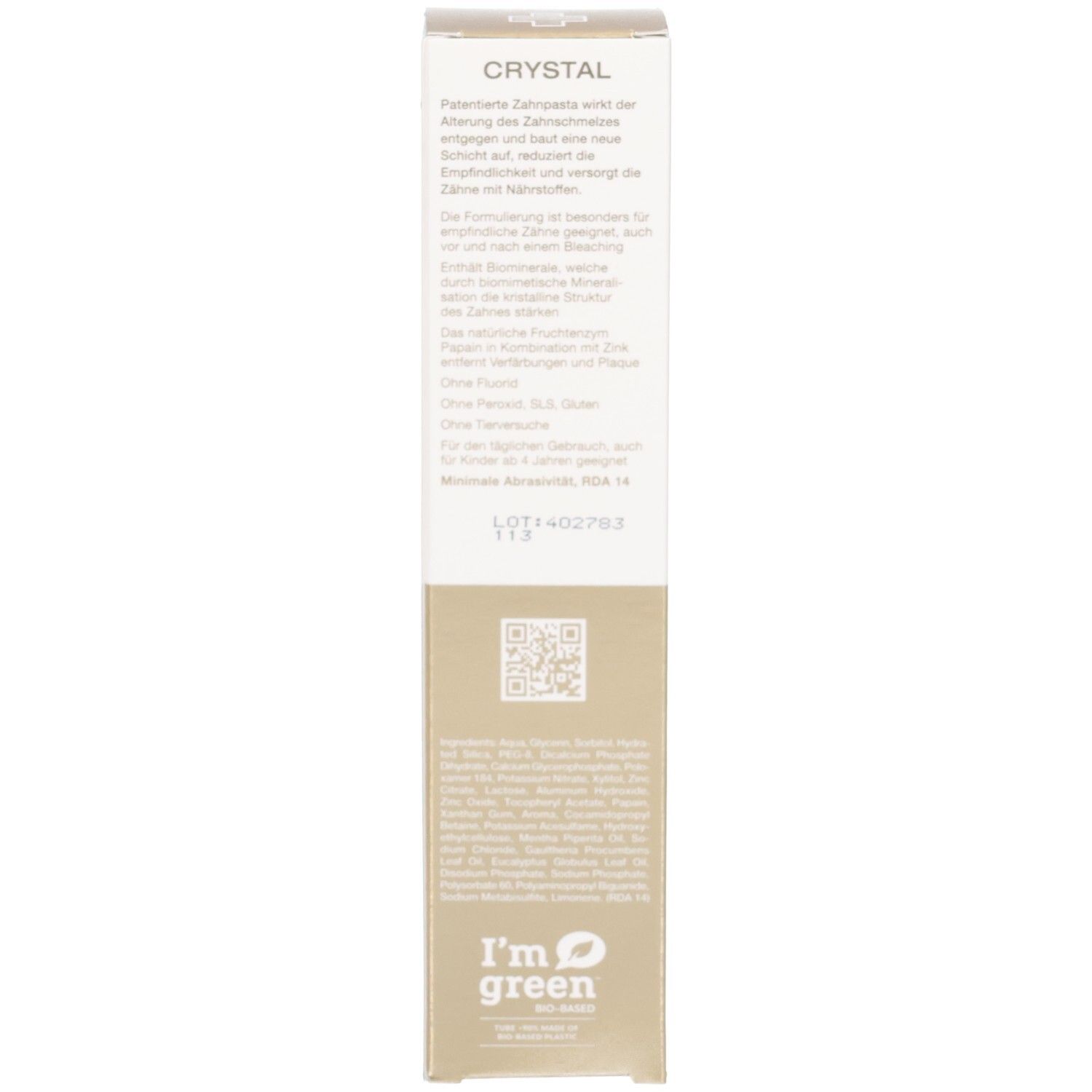 Dos de la boîte de dentifrice. Texte multilingue. Logo 'I'm green'. Section dorée. Orientation verticale.