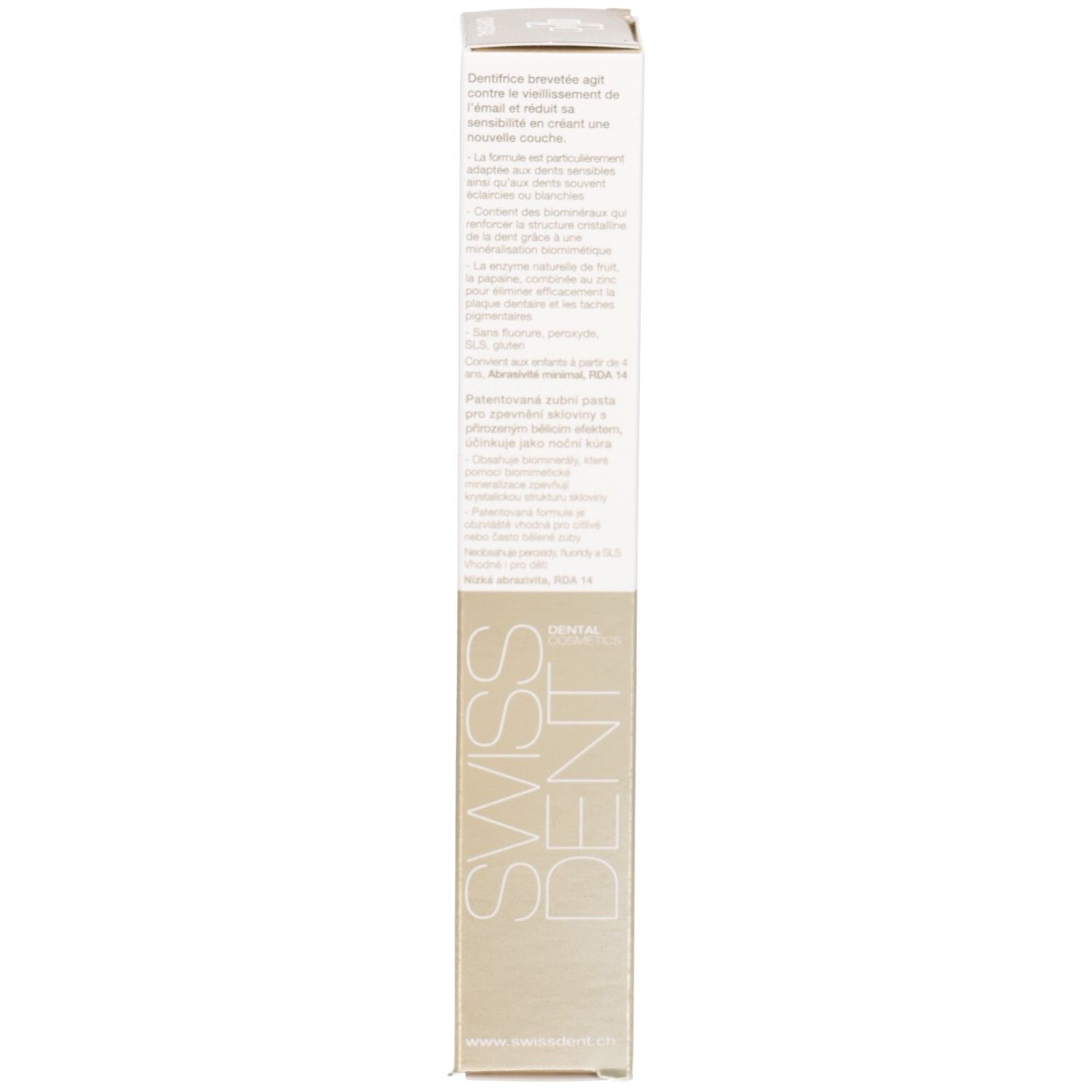Côté de la boîte de dentifrice. Texte multilingue. Section dorée. Orientation verticale.