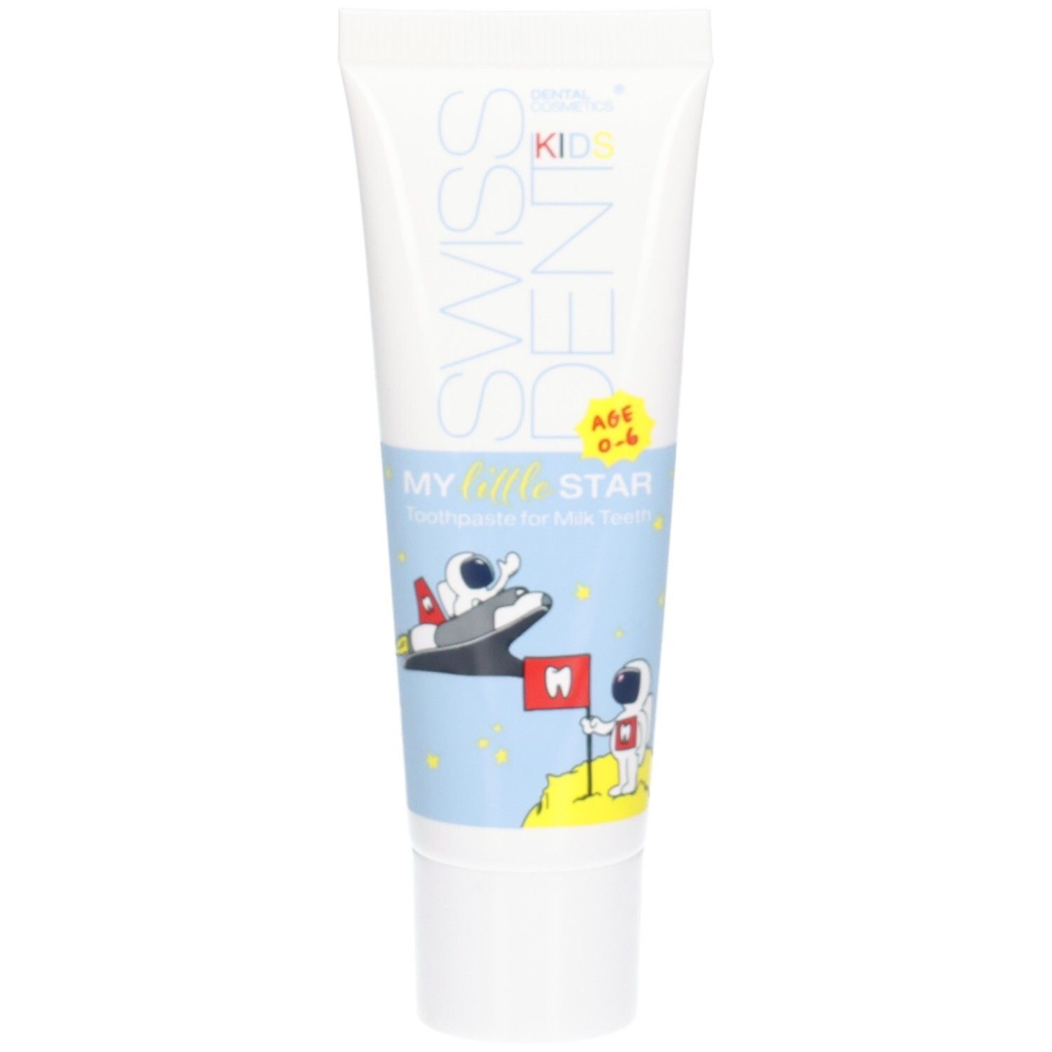 Tube de dentifrice bleu. Inscription SWISSDENT KIDS, MY little STAR. Illustrations d'astronautes et d'une fusée.