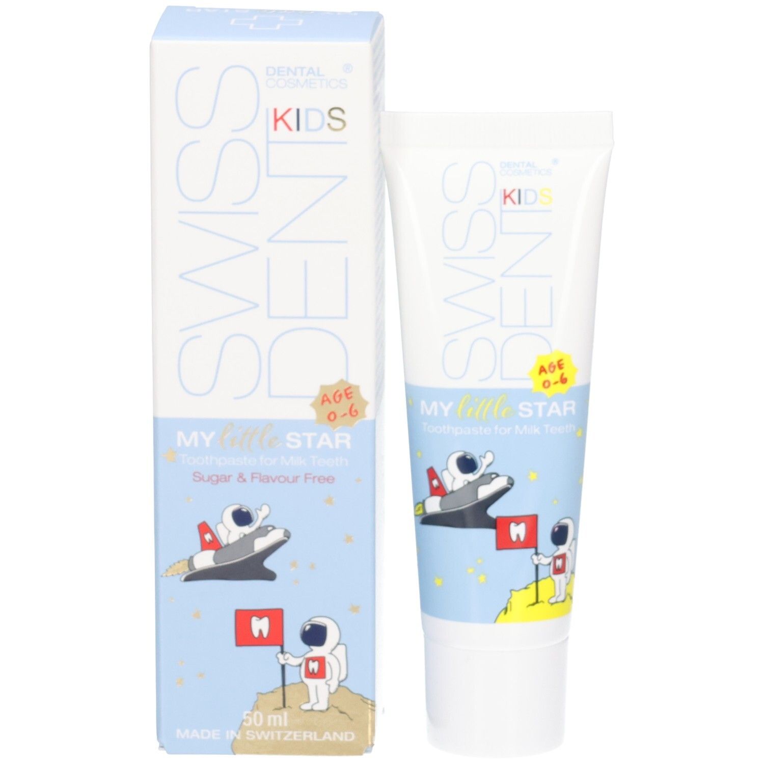 Tube de dentifrice et boîte. Inscription SWISSDENT KIDS, MY little STAR. Illustrations d'astronautes. Couleurs bleu et blanc.