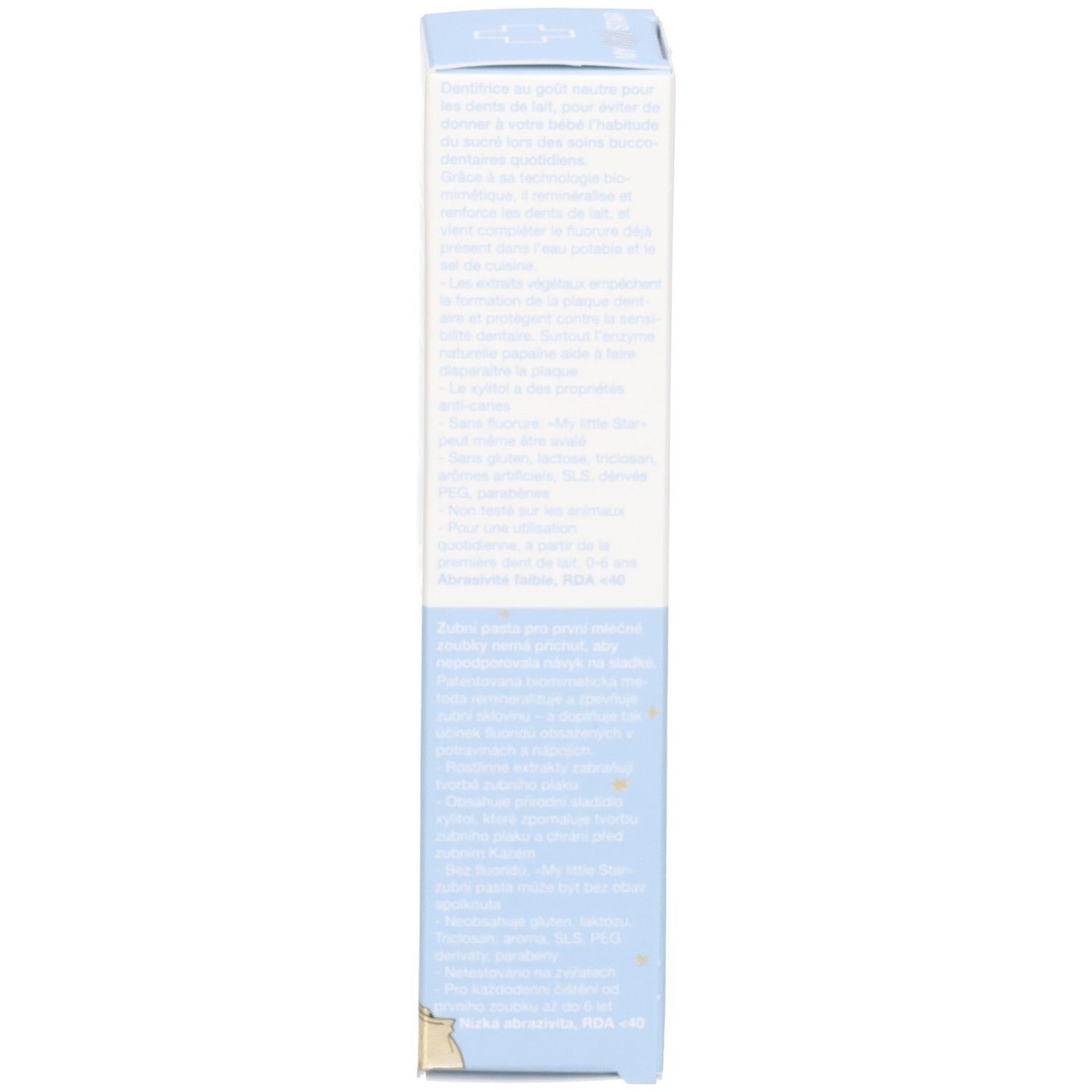 Boîte de dentifrice, vue latérale. Texte multilingue. Couleurs bleu et blanc. Informations produit et ingrédients.