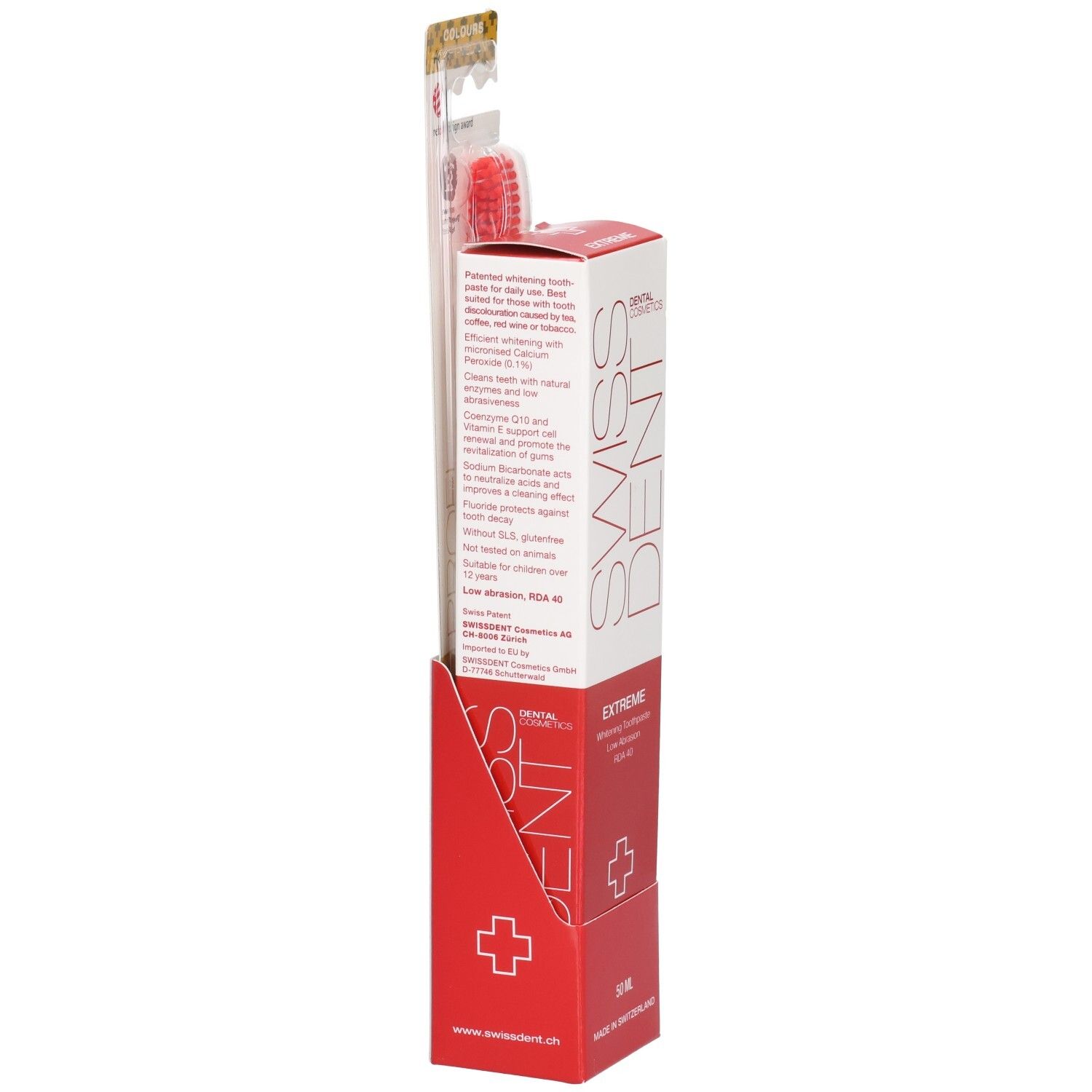 Vue latérale du pack combiné. Emballage rouge et blanc avec texte. Brosse à dents avec tête rouge. Texte sur l'emballage.