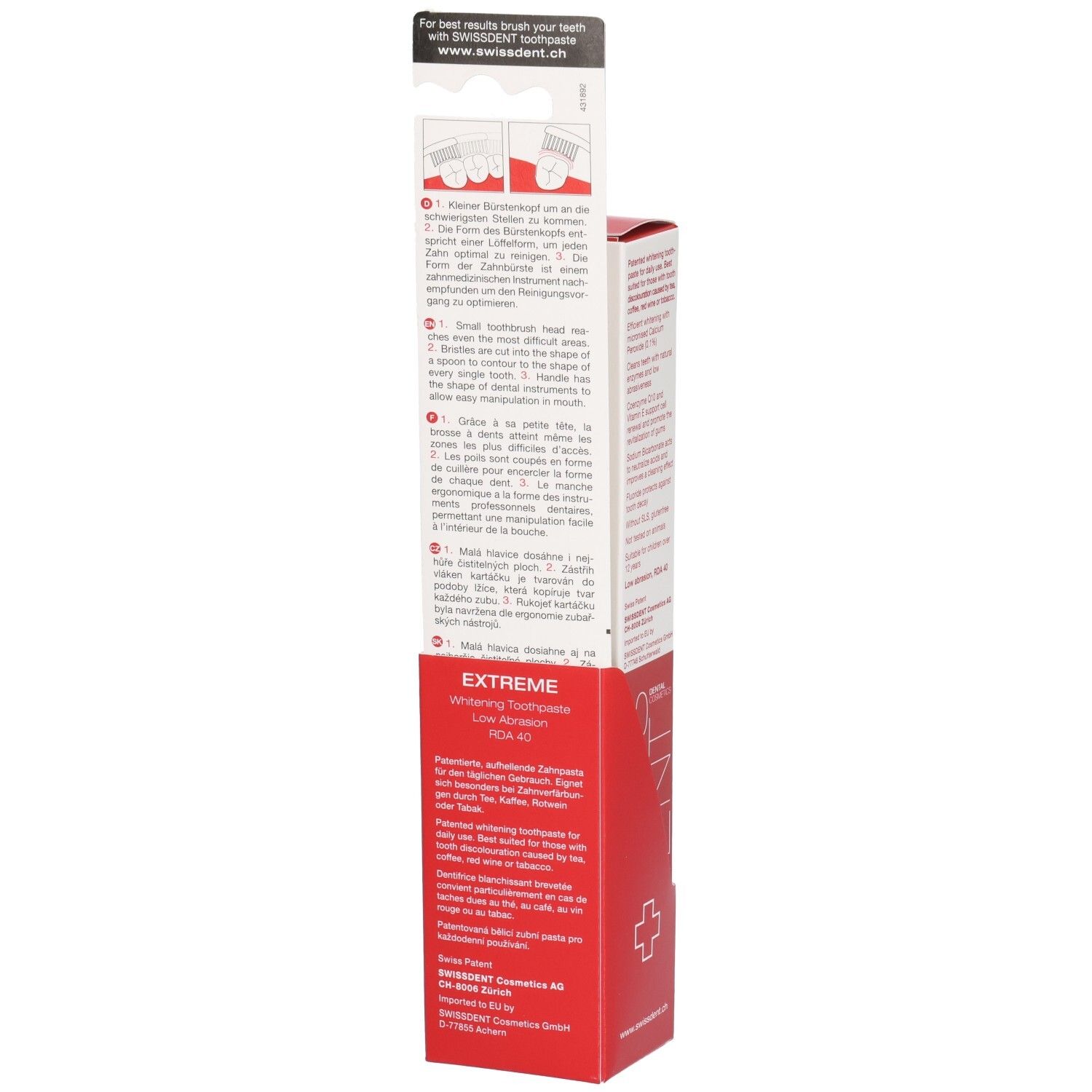 Dos du pack combiné. Texte et instructions sur l'emballage. Brosse à dents et paquet de dentifrice. Texte noir.