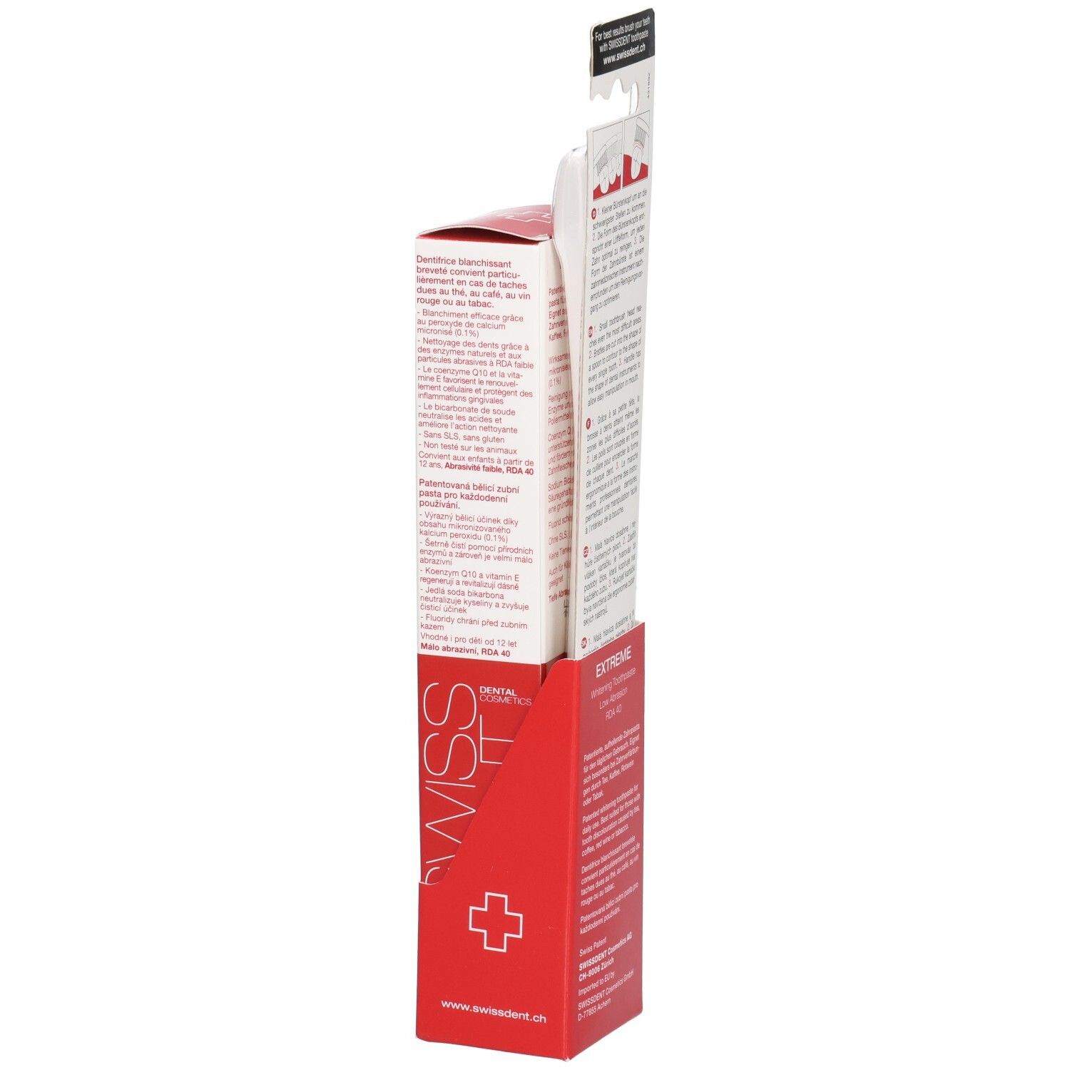 Vue latérale du pack combiné. Texte sur l'emballage. Brosse à dents et paquet de dentifrice. Emballage rouge et blanc.