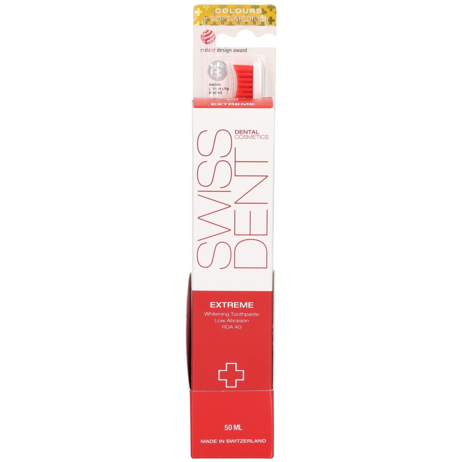 Vue de face du pack combiné. Emballage rouge et blanc avec logo SWISSDENT. Brosse à dents avec tête rouge. Récompense.