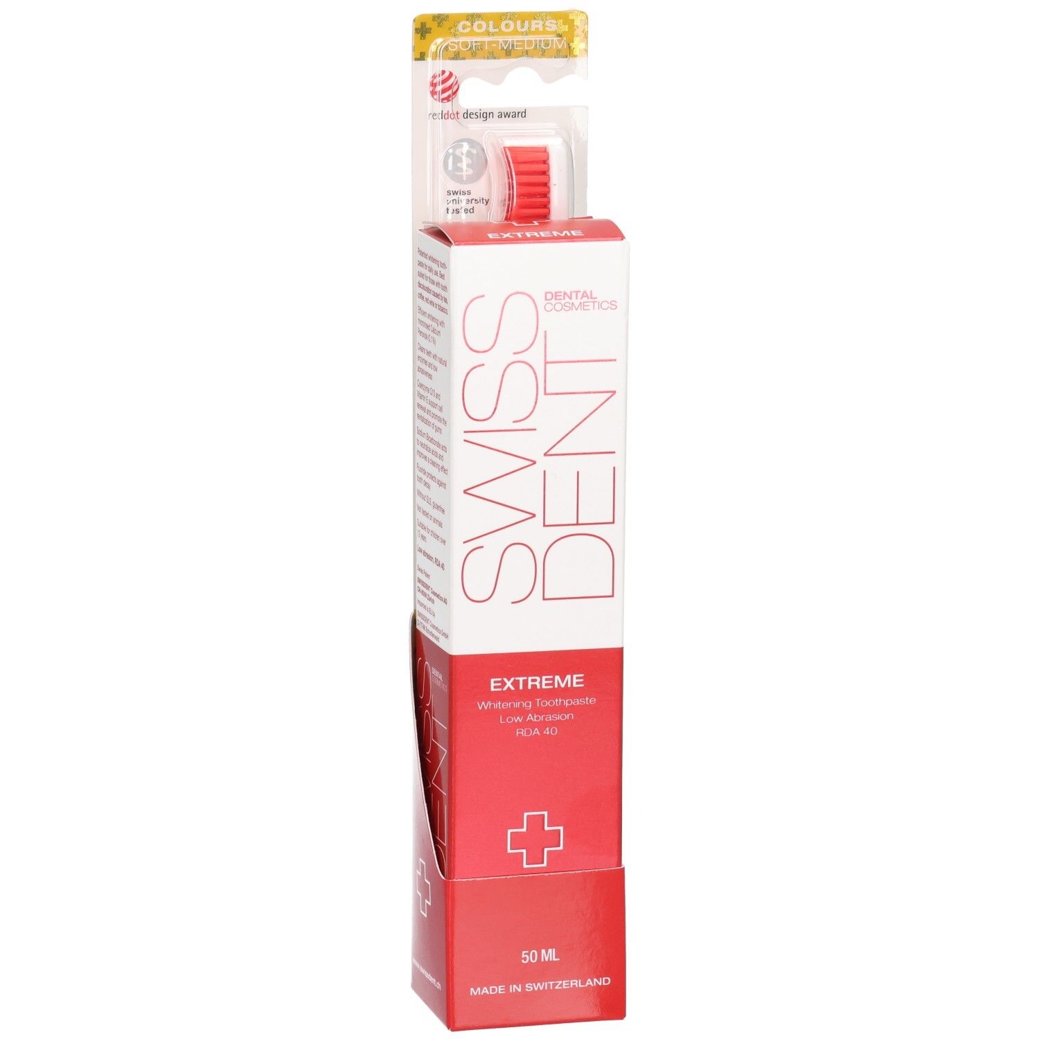 Vue de face du pack combiné. Emballage rouge et blanc avec logo SWISSDENT. Brosse à dents avec tête rouge. Récompense.
