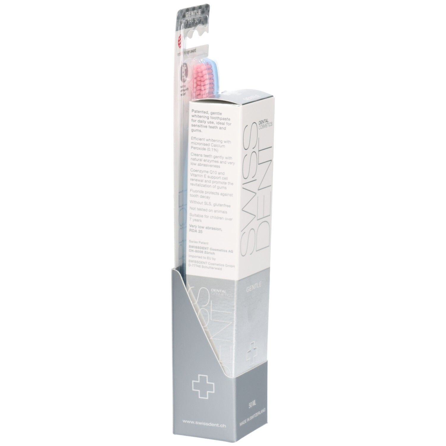 Dentifrice et brosse à dents en présentoir. Logo SWISSDENT. Inscription Gentle. Soies roses et bleues. Red Dot Design Award.