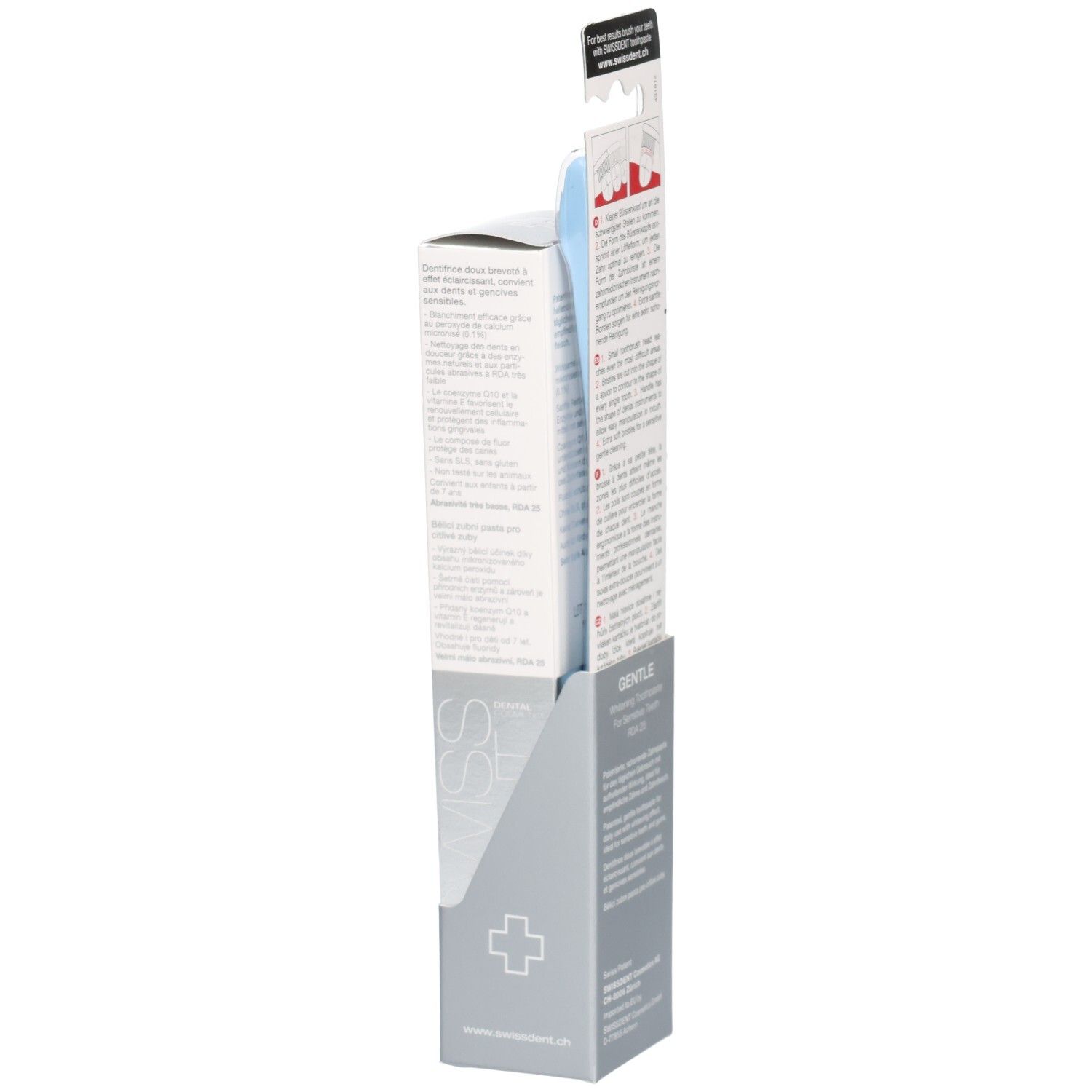 Emballage de dentifrice et brosse à dents. Logo SWISSDENT. Inscription Gentle. Texte multilingue.