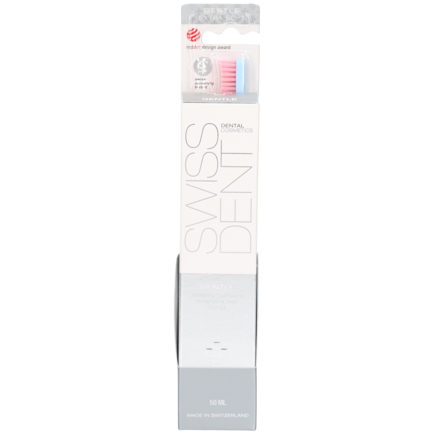 Dentifrice et brosse à dents en présentoir. Logo SWISSDENT. Inscription Gentle. Soies roses et bleues. Red Dot Design Award.