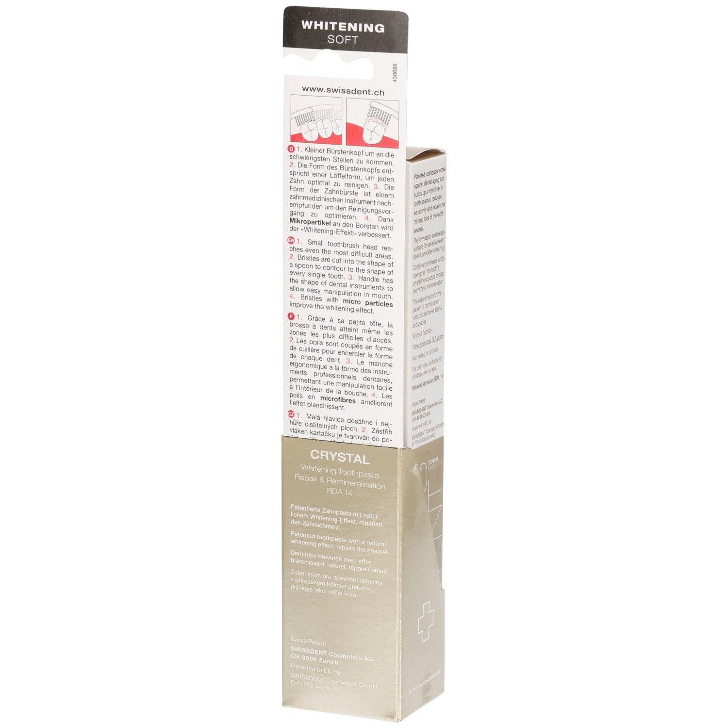 Dos du pack brosse à dents et dentifrice. Texte et illustrations. Logo SWISSDENT et inscription Crystal.