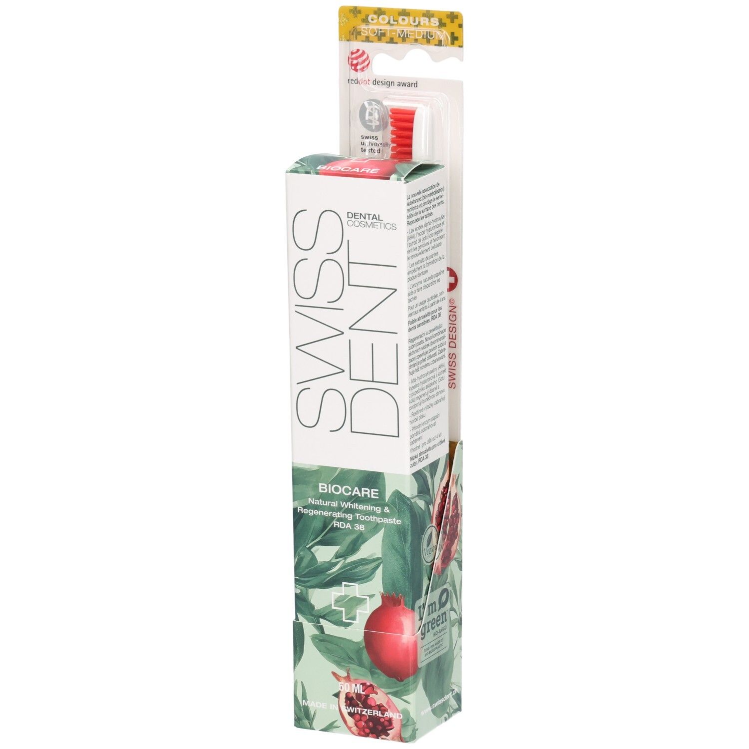Pack combiné dentifrice et brosse à dents. Logo SWISSDENT et texte BIOCARE. Brosse à dents rouge. Emballage avec motif grenade.