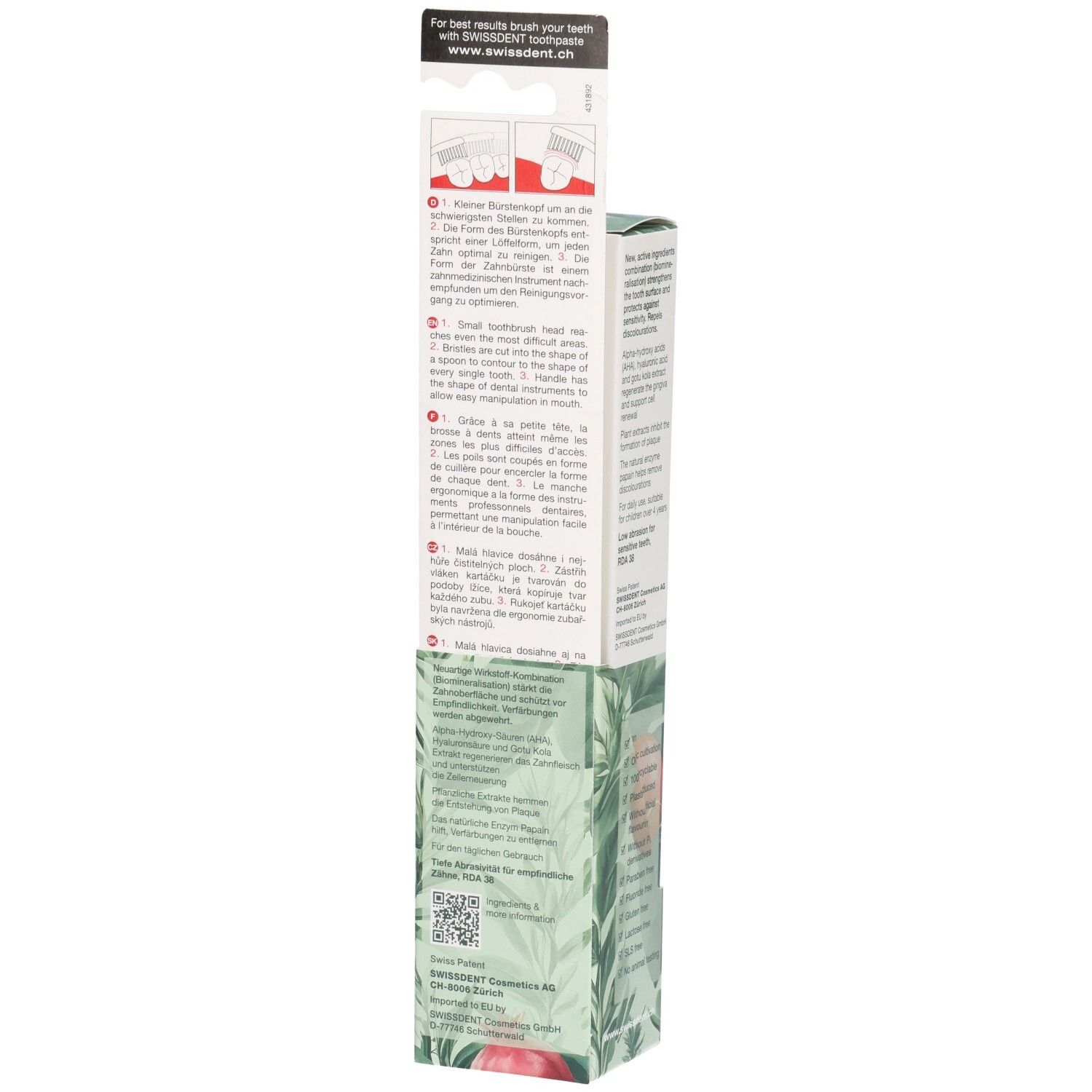 Dos du pack combiné. Texte en plusieurs langues. Illustrations d'utilisation. Motif grenade. Code QR.