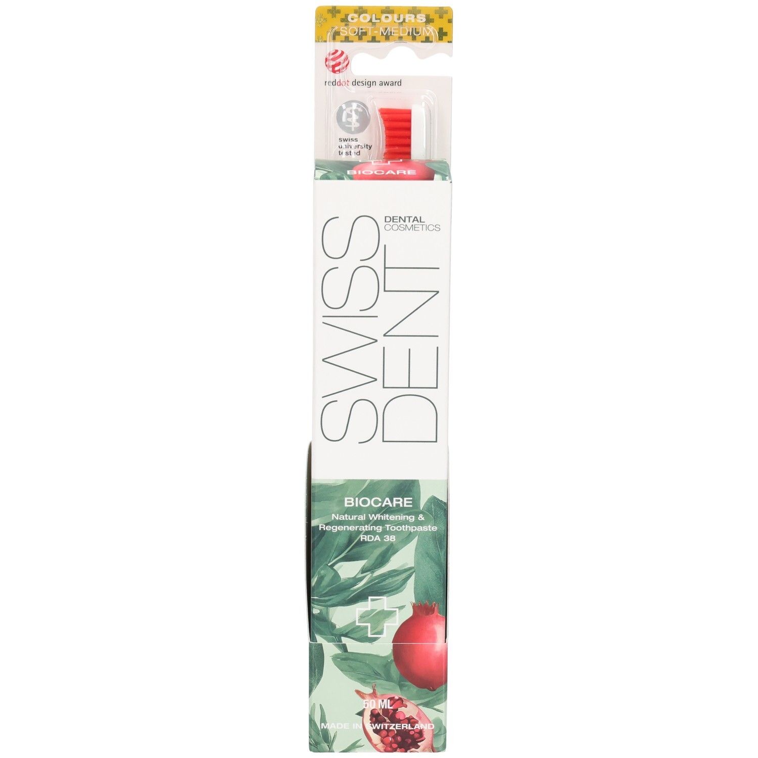 Pack combiné avec dentifrice et brosse à dents. Logo SWISSDENT et texte BIOCARE. Brosse à dents rouge. Emballage avec motif grenade.