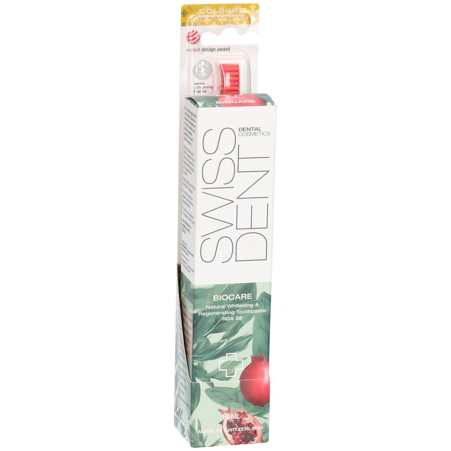 Pack combiné avec dentifrice et brosse à dents. Logo SWISSDENT et texte BIOCARE. Brosse à dents rouge. Emballage avec motif grenade.
