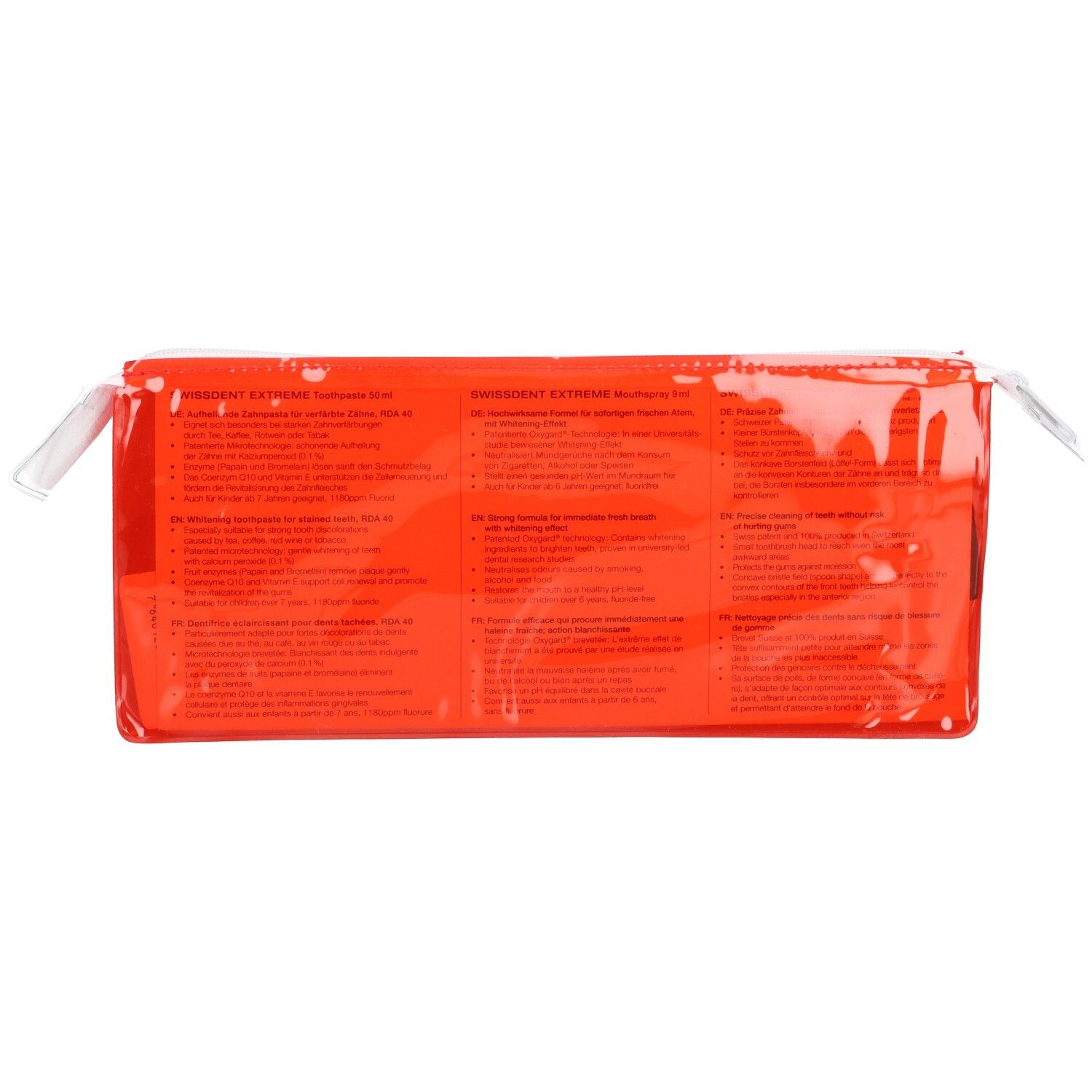 Trousse rouge transparente avec texte. Texte multilingue. Informations produit SWISSDENT EXTREME.