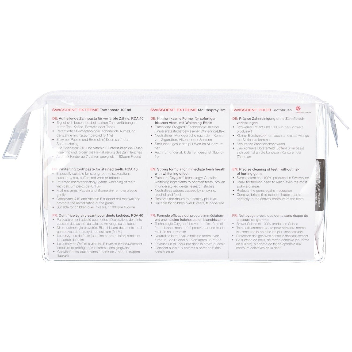 Dos de la trousse transparente avec texte. Informations sur le dentifrice, le spray buccal et la brosse à dents. Informations multilingues.