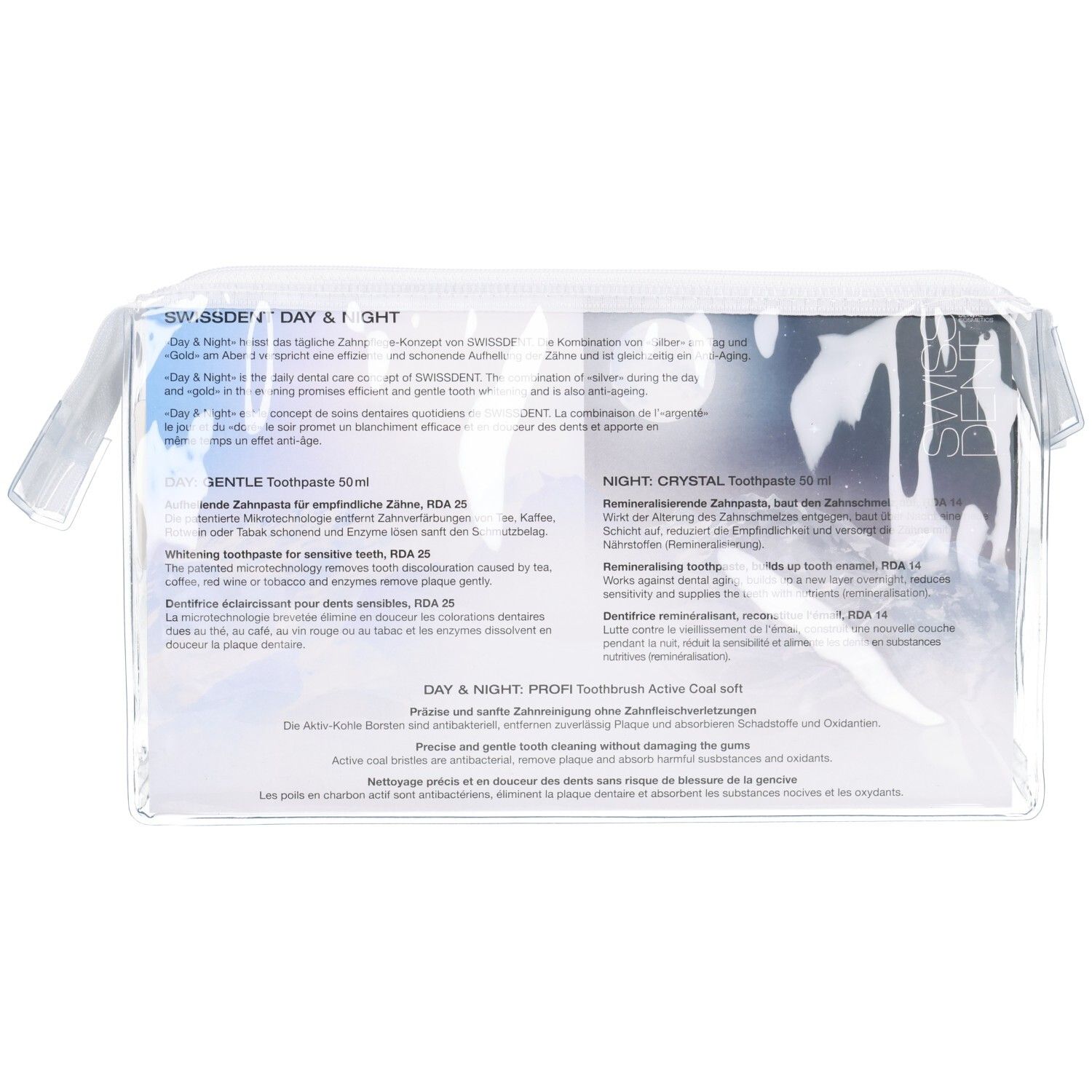 Trousse de toilette transparente avec produits SWISSDENT. Texte sur l'emballage : Day & Night, Gentle, Crystal, PROFI.