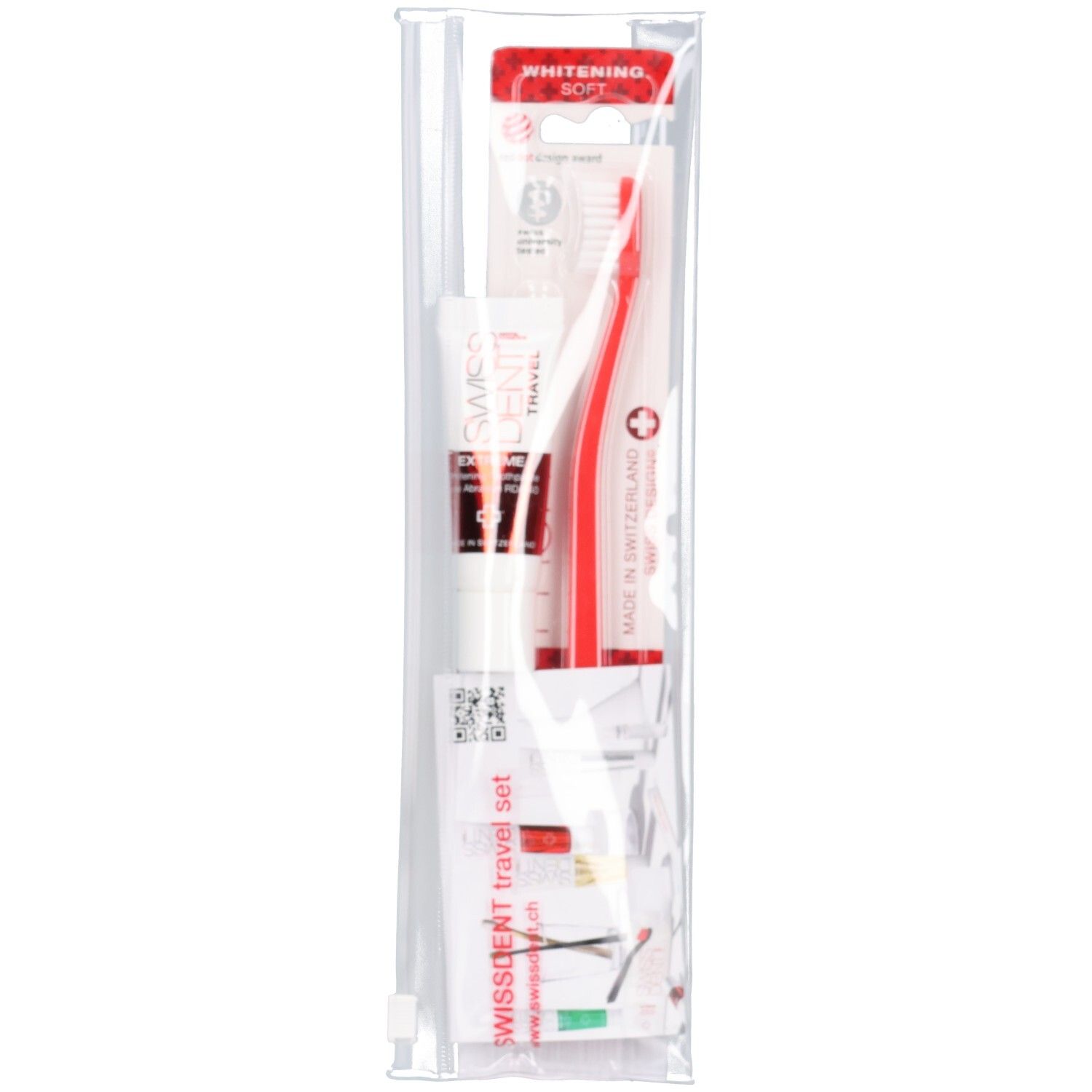 Kit de voyage transparent. Contient dentifrice, brosse à dents et autres articles. SWISSDENT Travel Set.