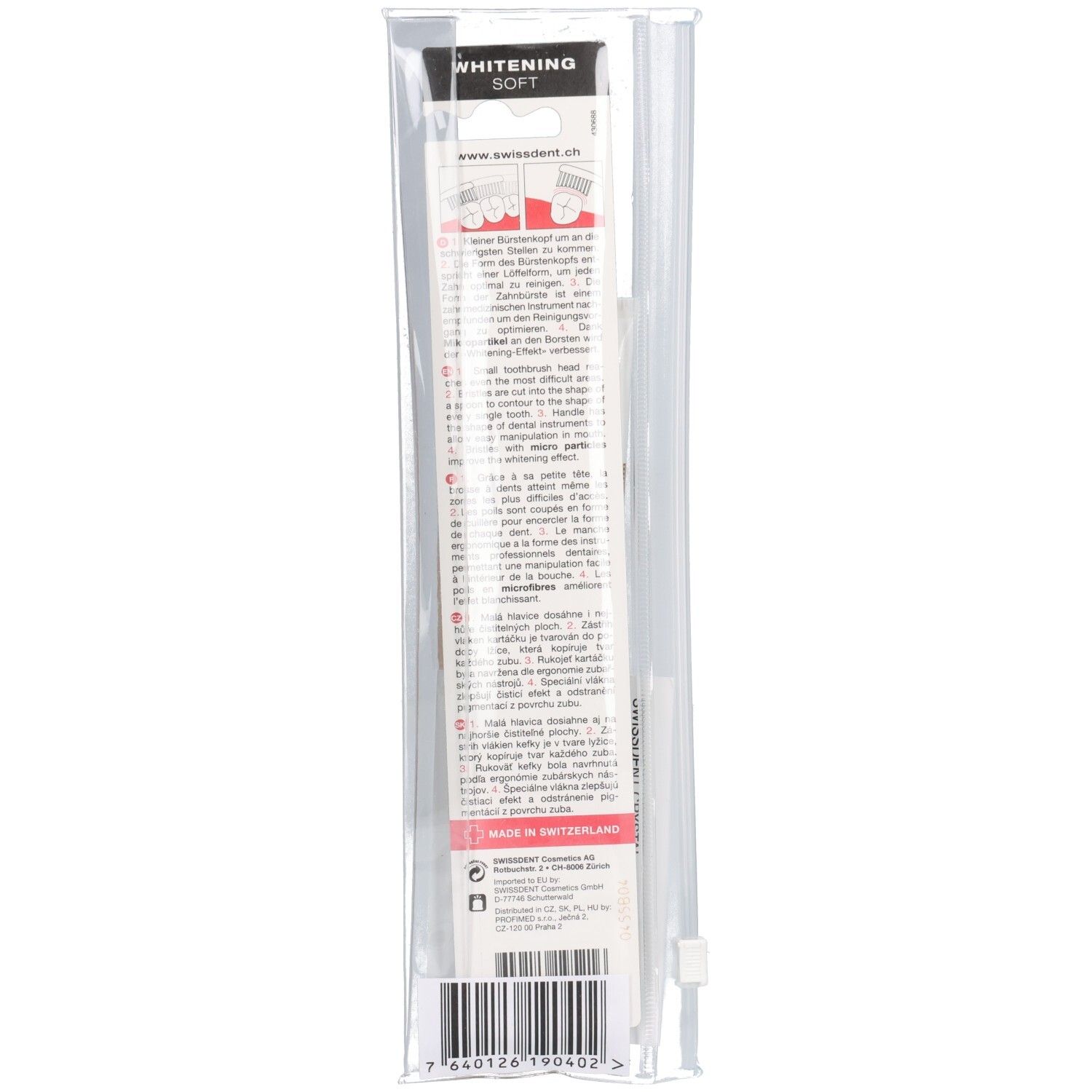 Emballage transparent avec brosse à dents. Inscription : WHITENING SOFT, Made in Switzerland. Code-barres et texte multilingue.