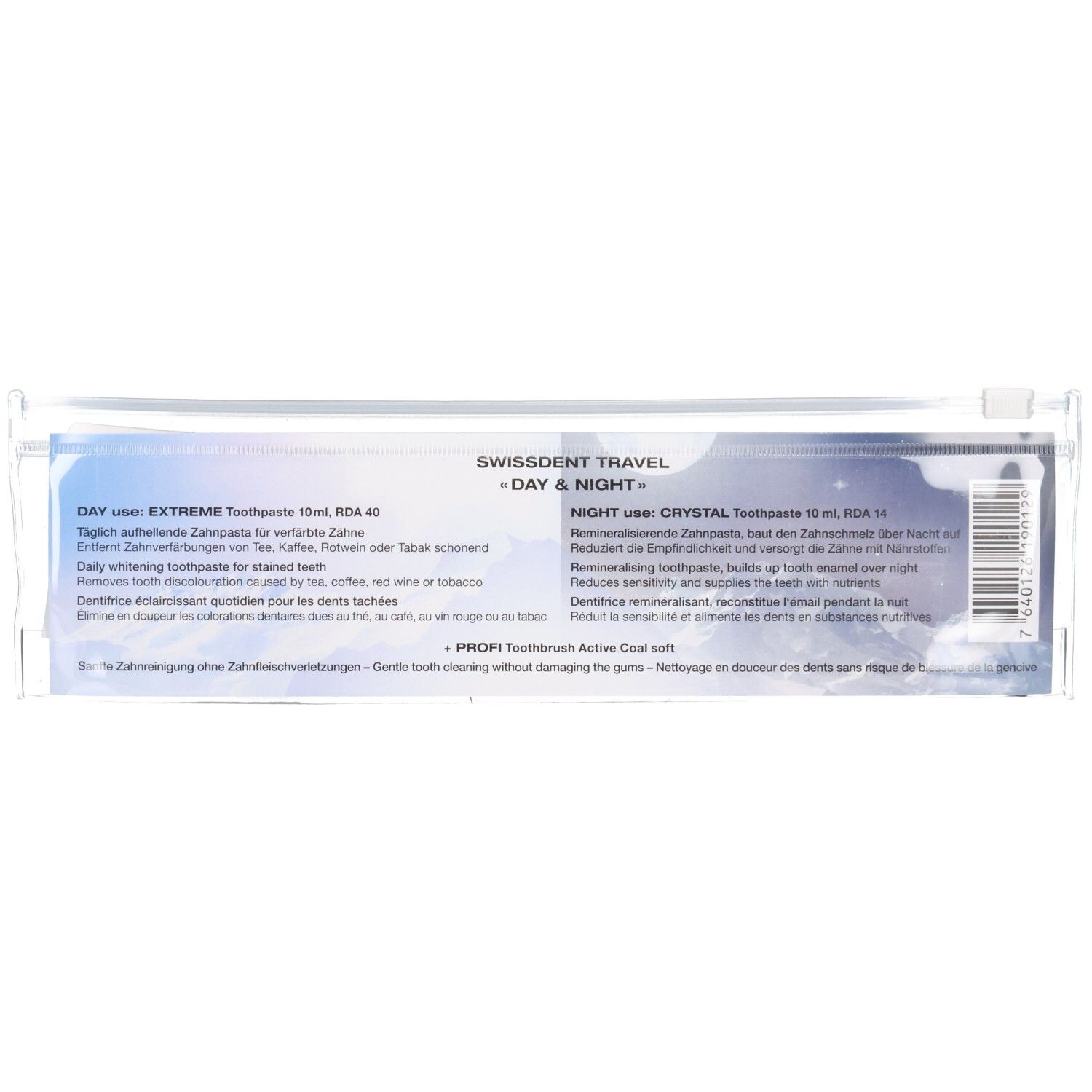 Dos de l'emballage du kit de voyage. Texte : SWISSDENT TRAVEL - DAY & NIGHT. Contient des informations sur les produits.